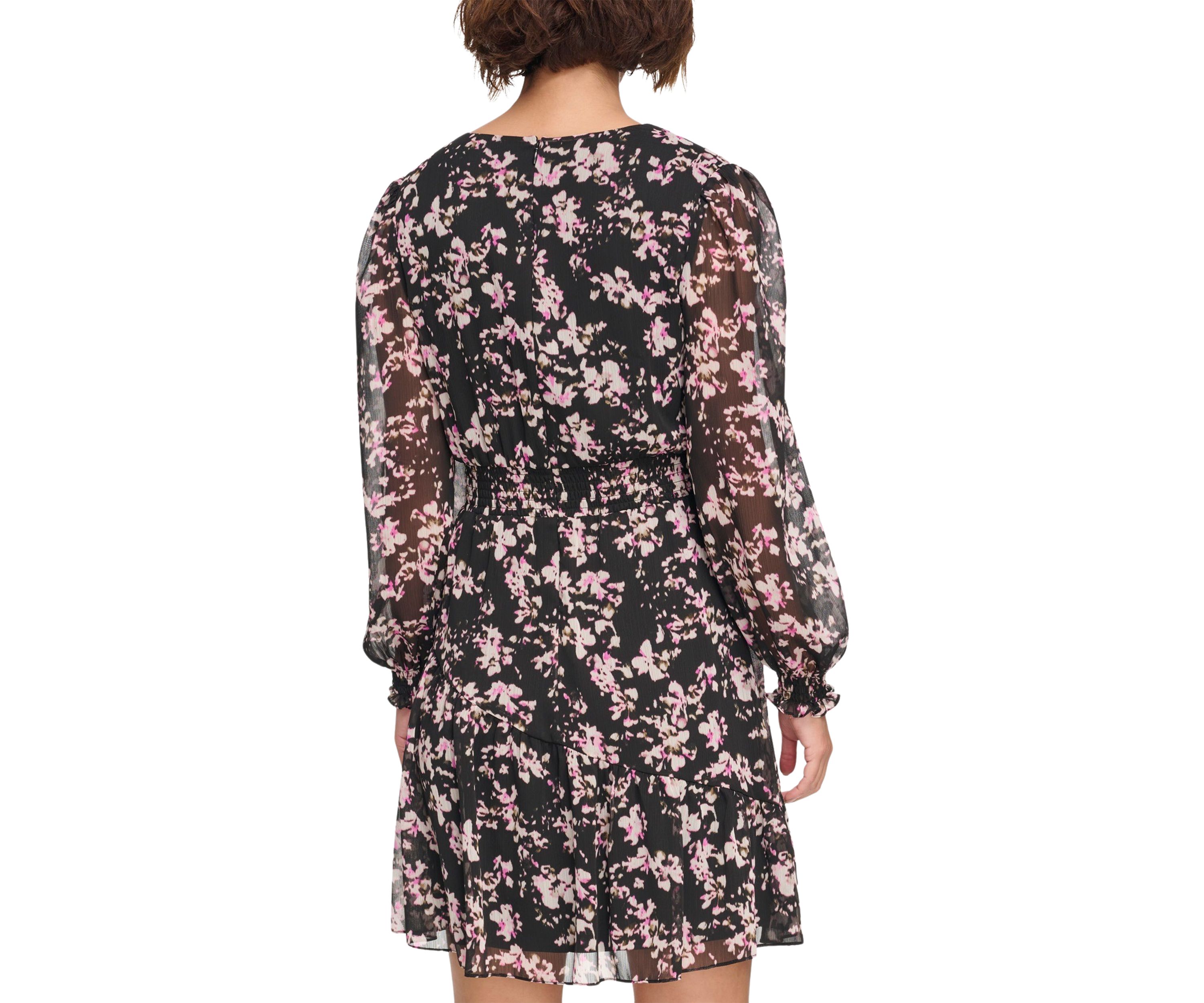 Womens Long Sleeve V-Neck Floral Print Fit and Flare Dress