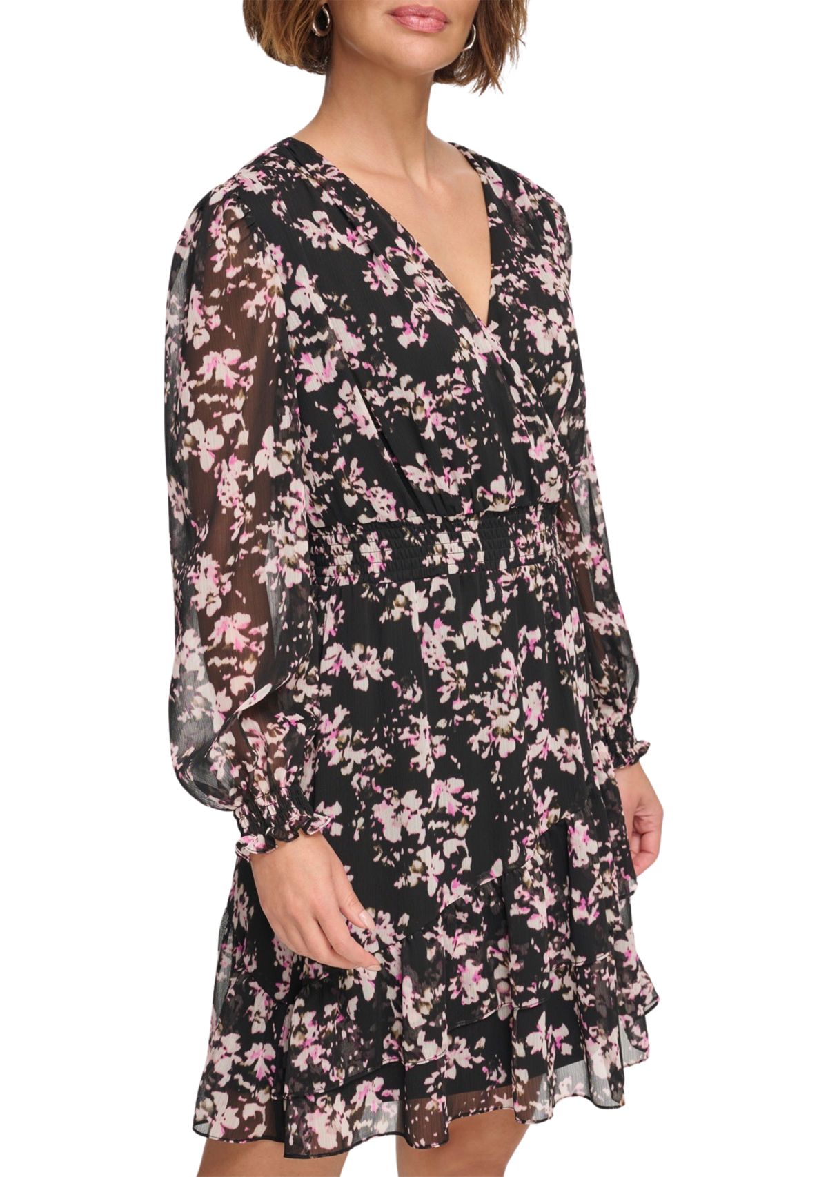 Womens Long Sleeve V-Neck Floral Print Fit and Flare Dress