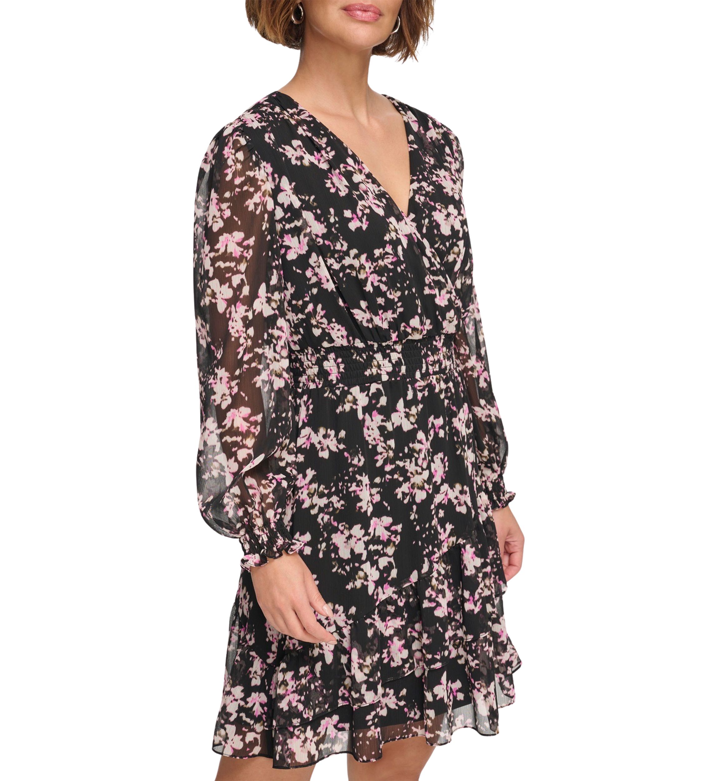 Womens Long Sleeve V-Neck Floral Print Fit and Flare Dress