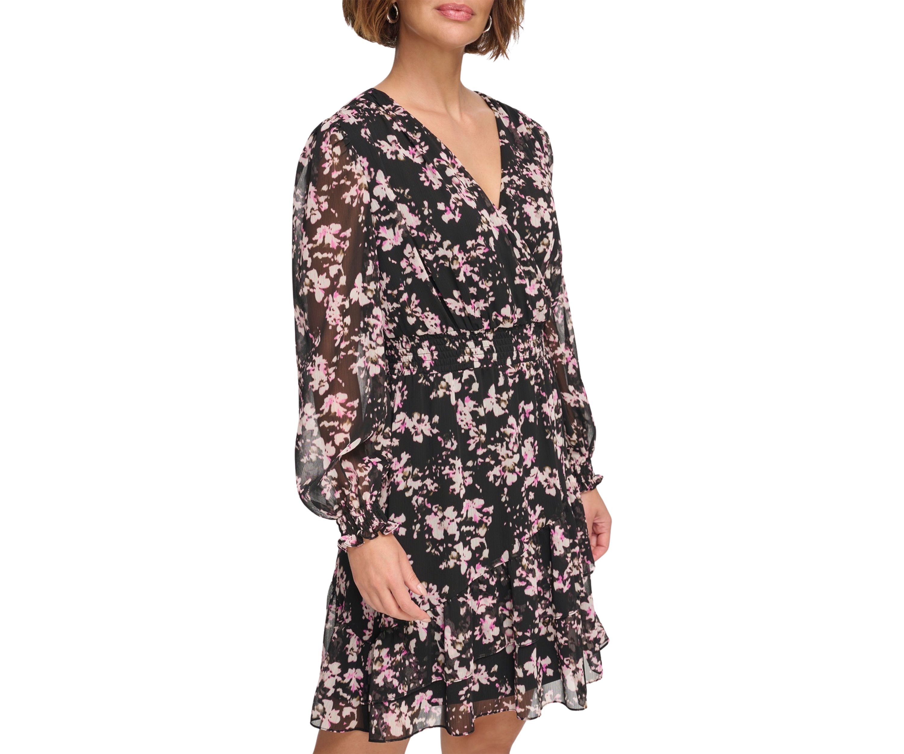 Womens Long Sleeve V-Neck Floral Print Fit and Flare Dress
