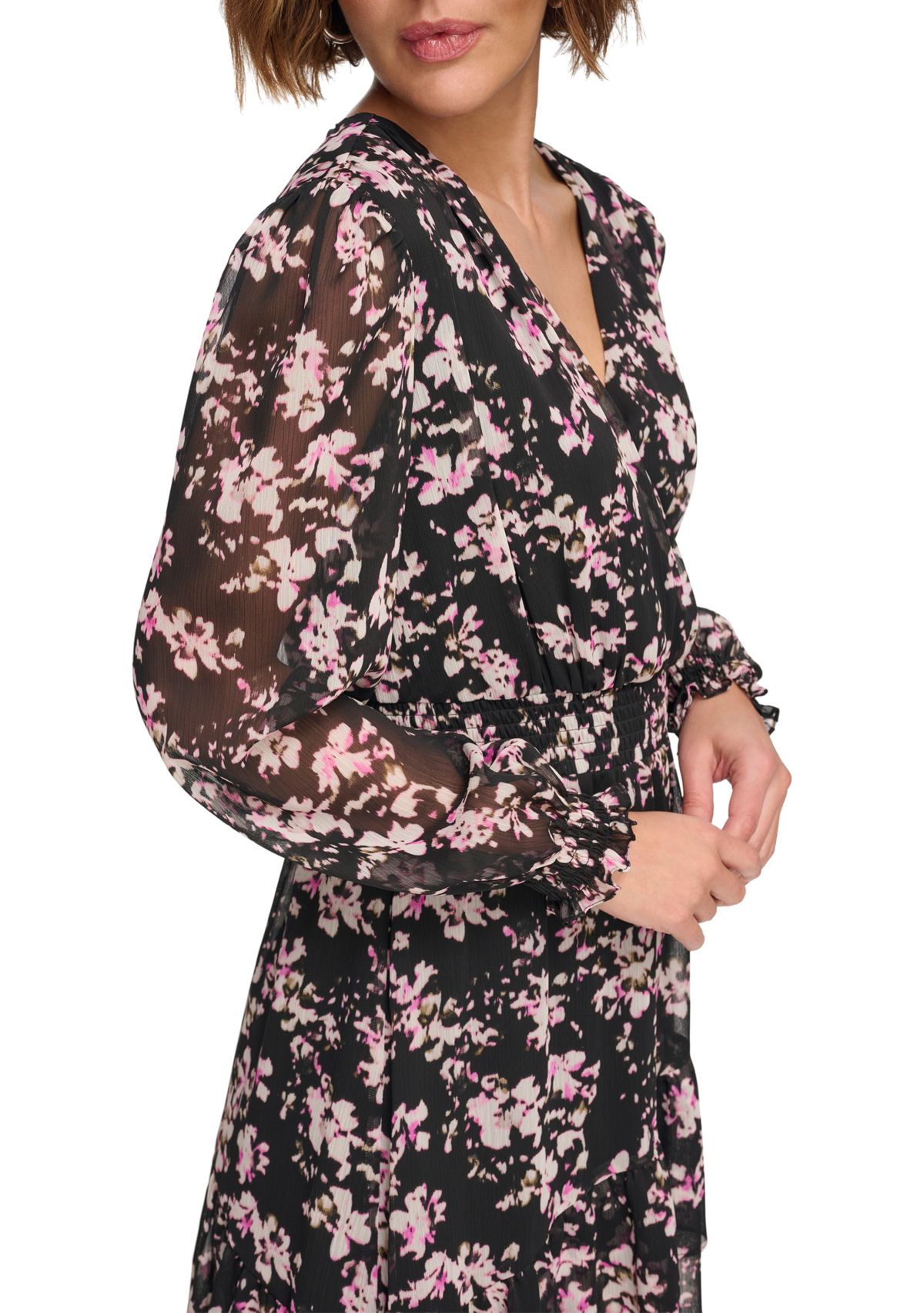 Womens Long Sleeve V-Neck Floral Print Fit and Flare Dress