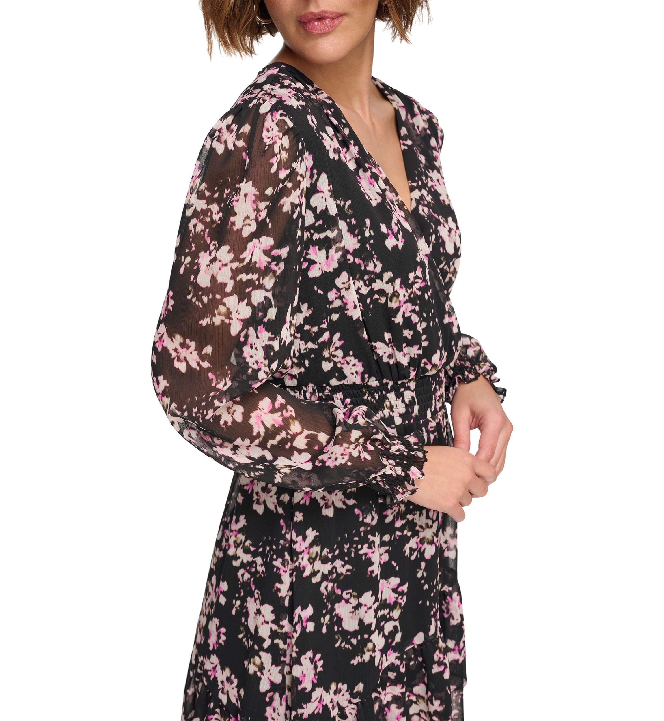Womens Long Sleeve V-Neck Floral Print Fit and Flare Dress