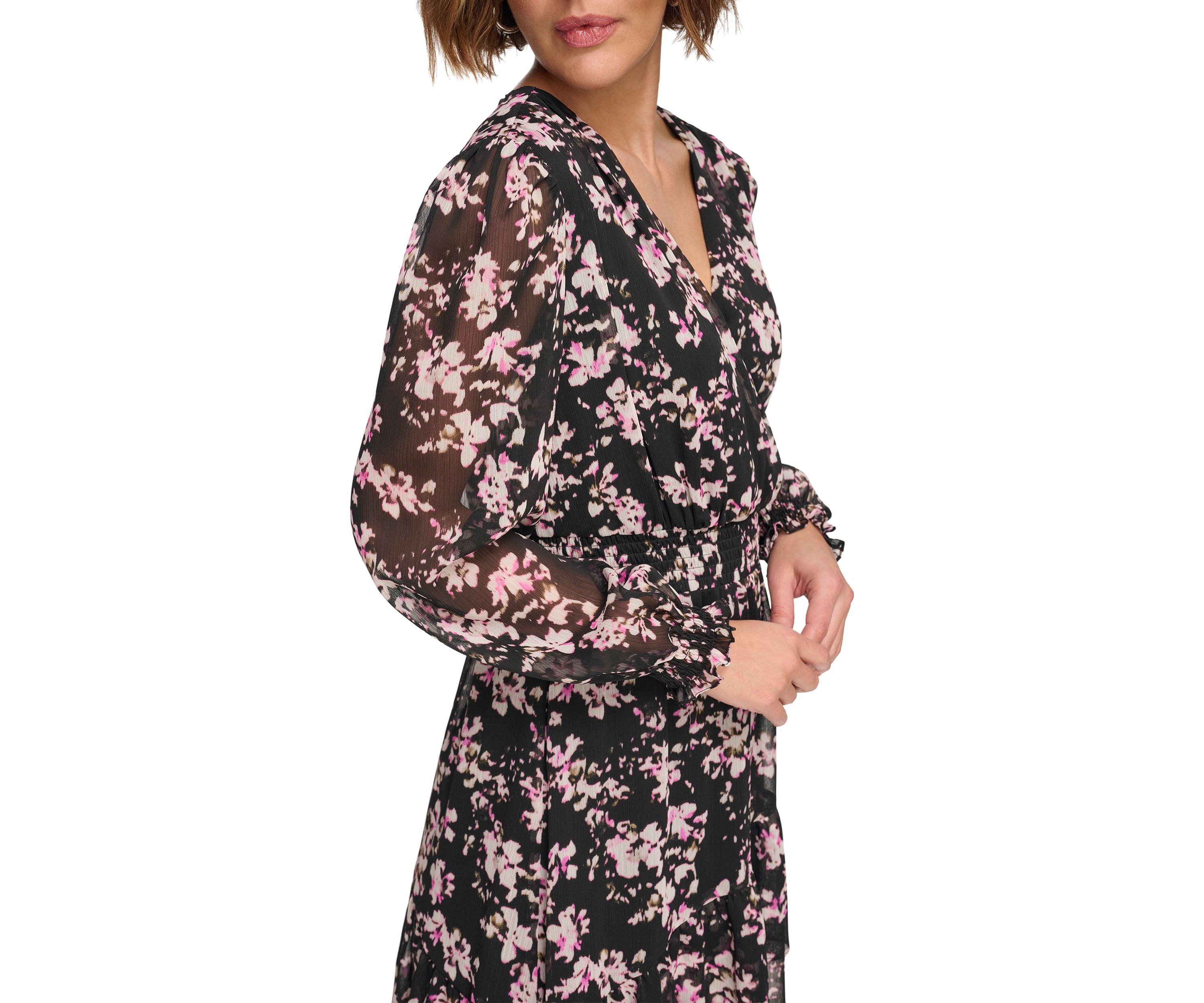 Womens Long Sleeve V-Neck Floral Print Fit and Flare Dress