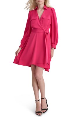 DKNY Women's Long Sleeve Collar Solid Fit and Flare Dress with Pockets, 2