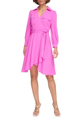 DKNY Women's Long Sleeve Collar Solid Fit and Flare Dress with Pockets