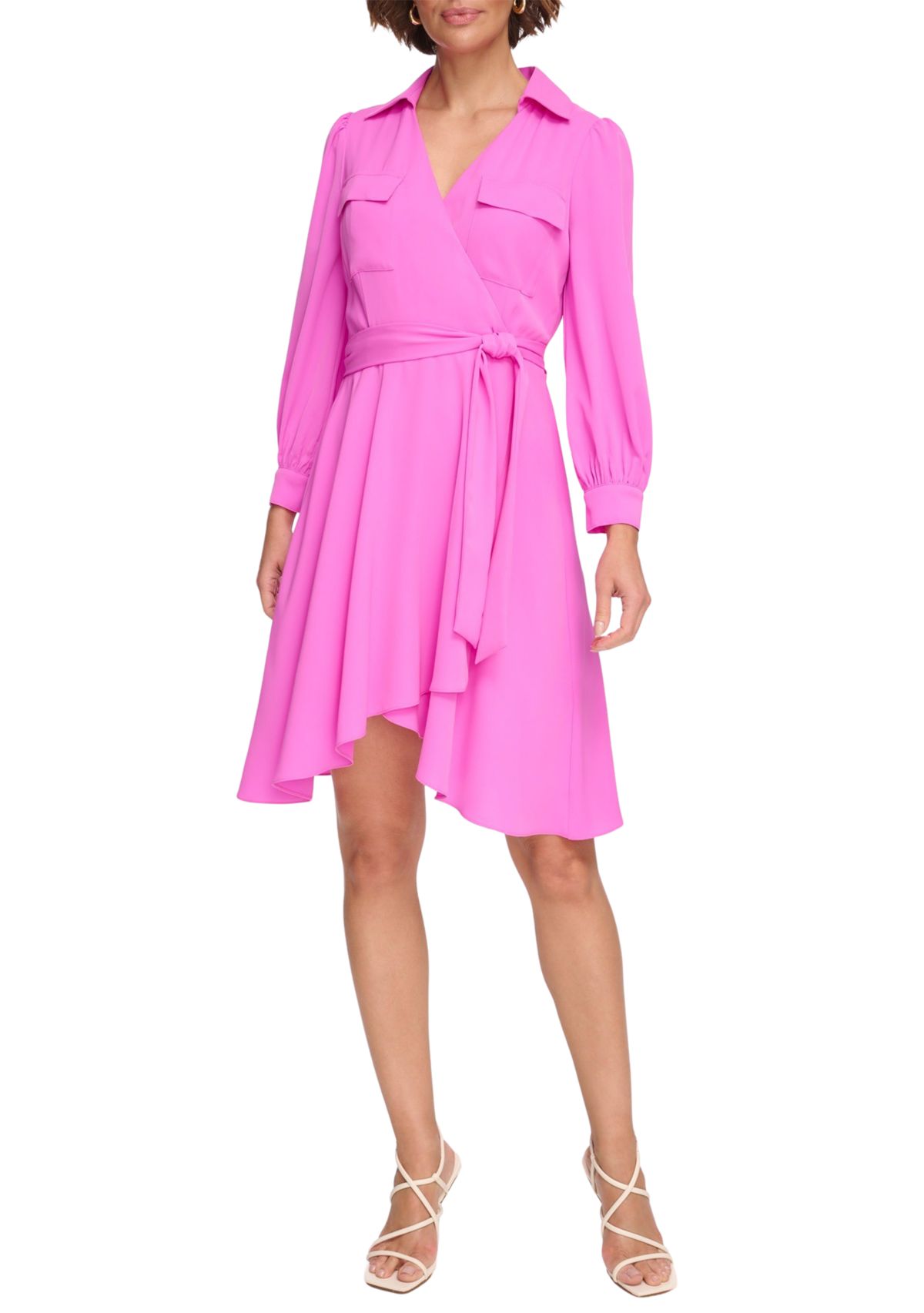 Womens Long Sleeve Collar Solid Fit and Flare Dress with Pockets