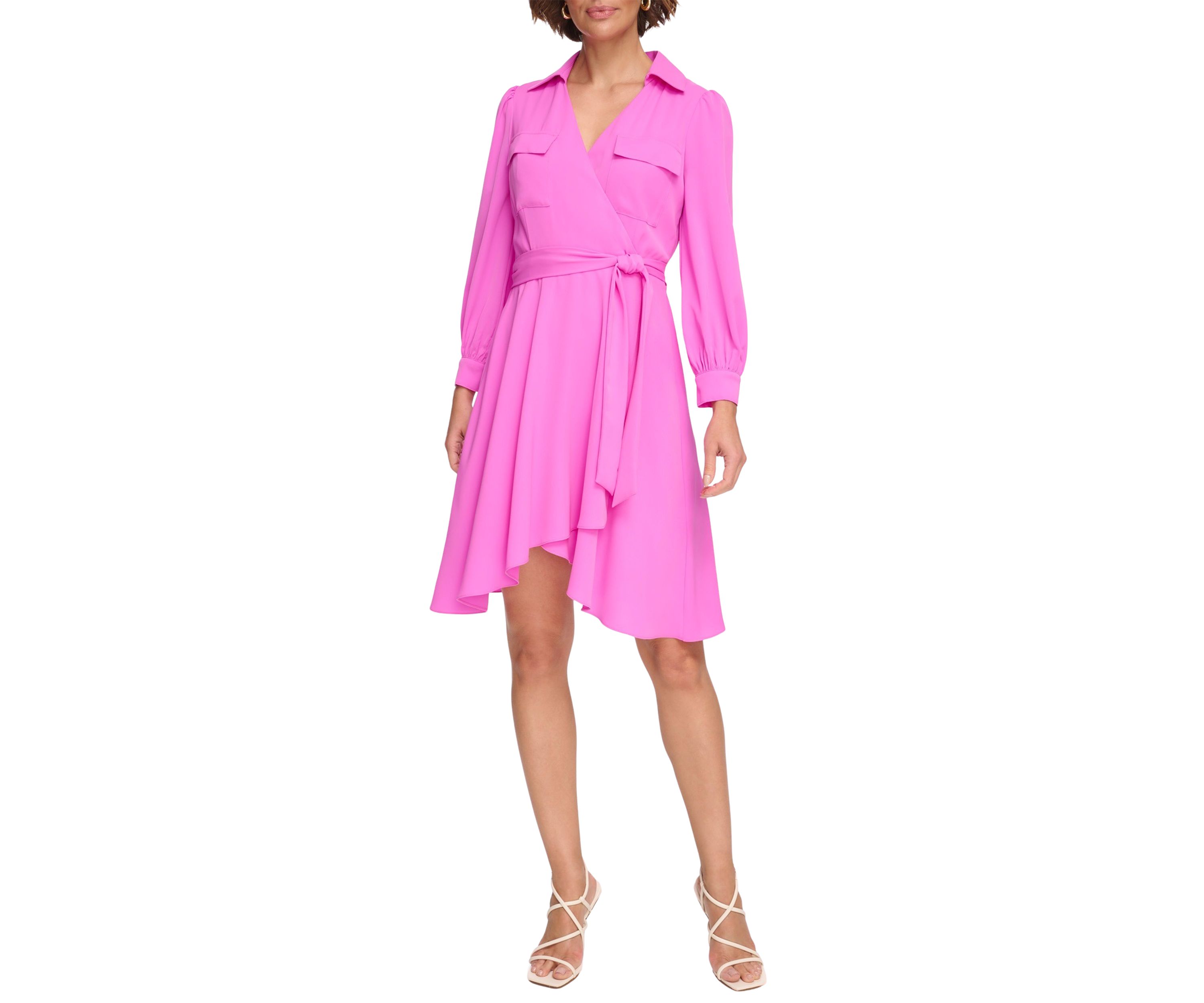 Womens Long Sleeve Collar Solid Fit and Flare Dress with Pockets