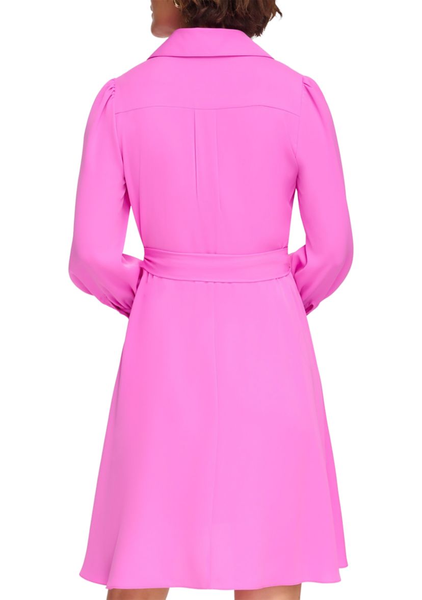 Womens Long Sleeve Collar Solid Fit and Flare Dress with Pockets