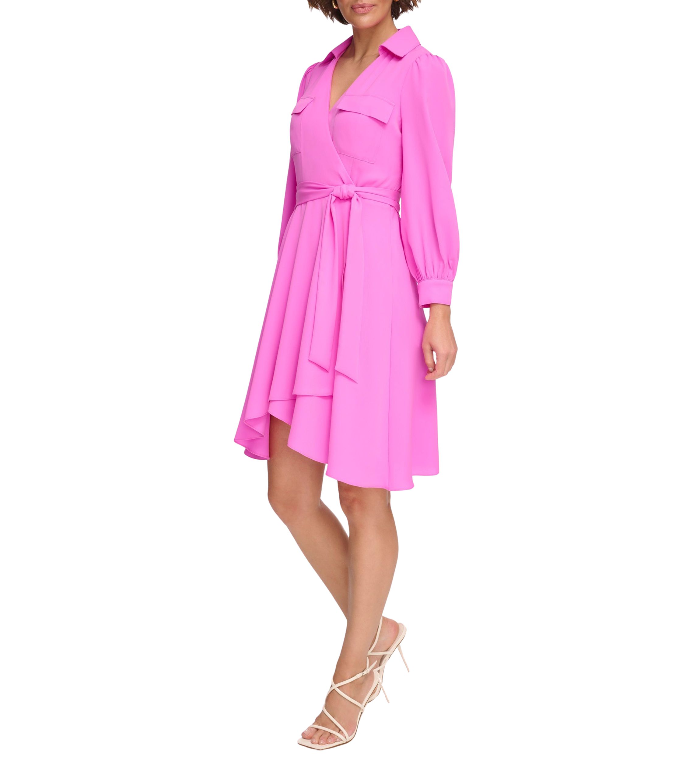 Womens Long Sleeve Collar Solid Fit and Flare Dress with Pockets