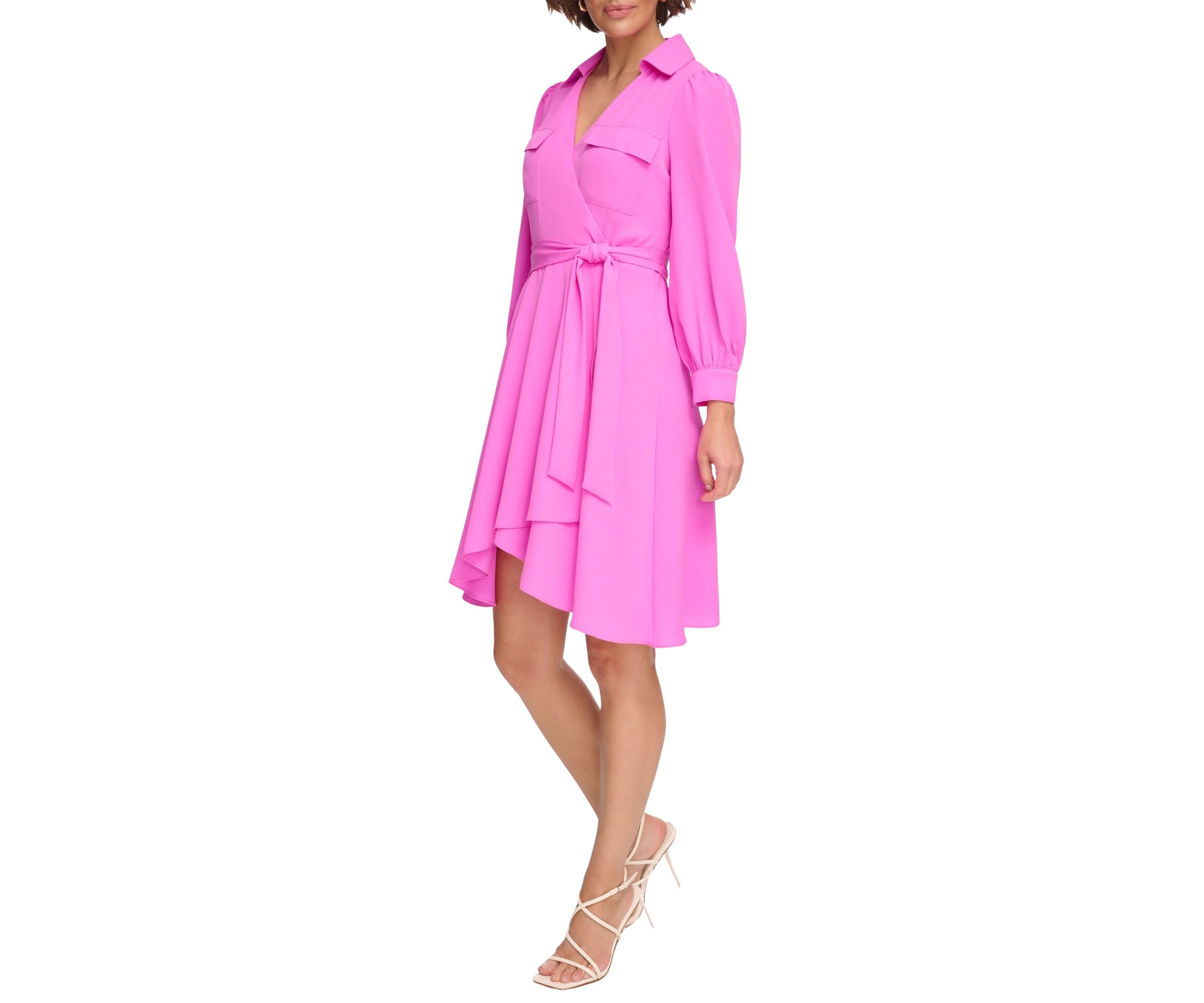 Womens Long Sleeve Collar Solid Fit and Flare Dress with Pockets