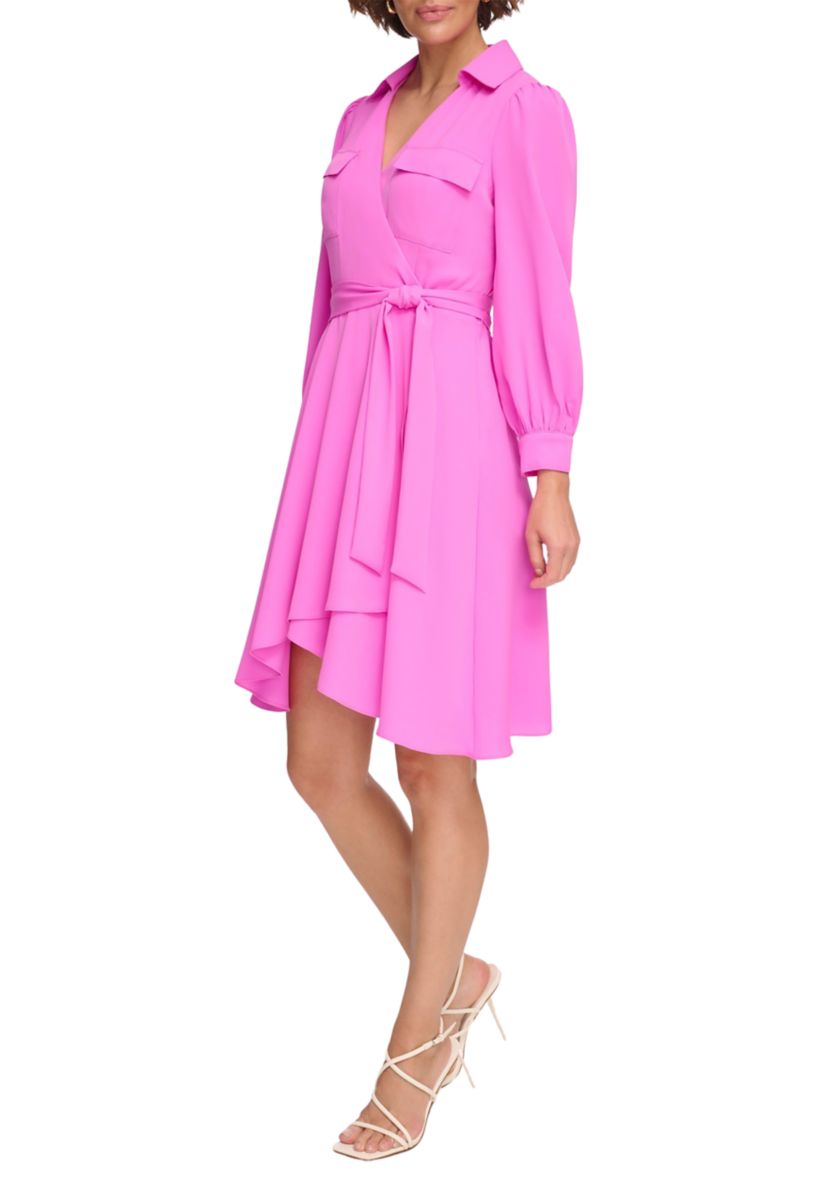 Womens Long Sleeve Collar Solid Fit and Flare Dress with Pockets