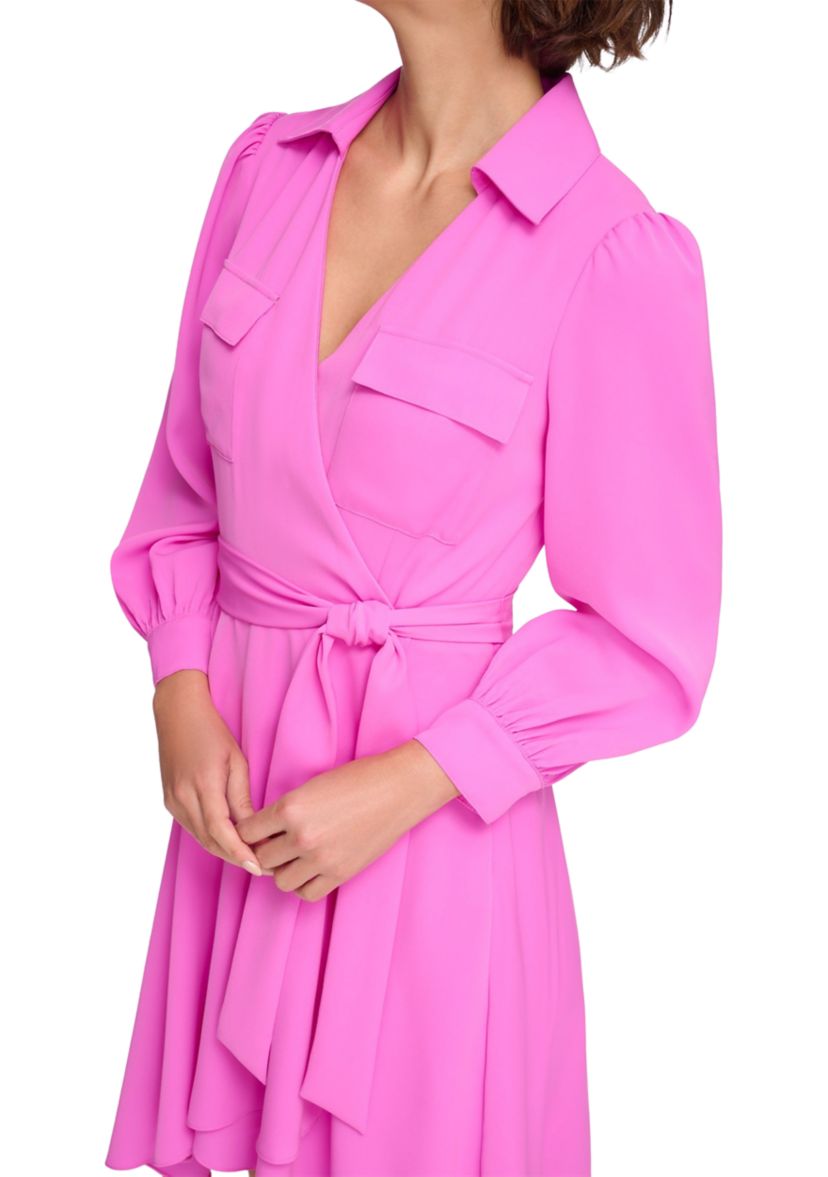 Womens Long Sleeve Collar Solid Fit and Flare Dress with Pockets