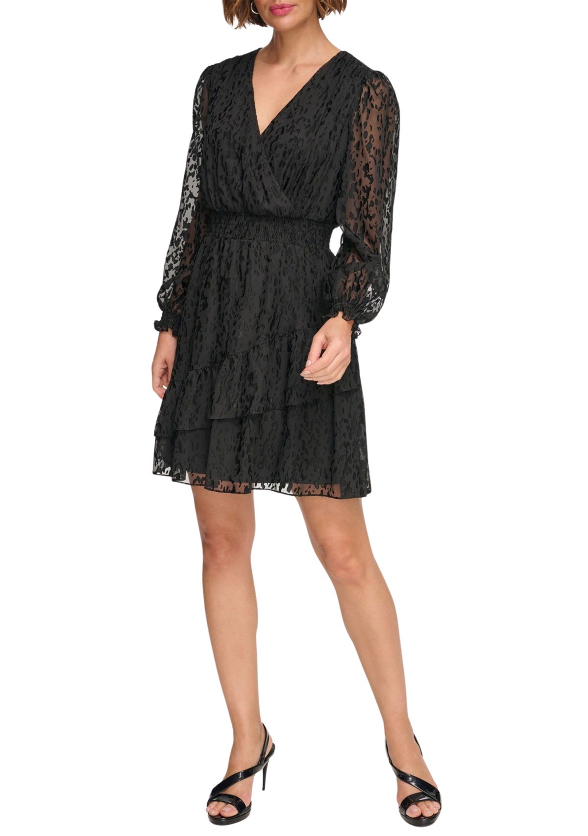 Womens Long Sleeve V-Neck Solid Fit and Flare Dress