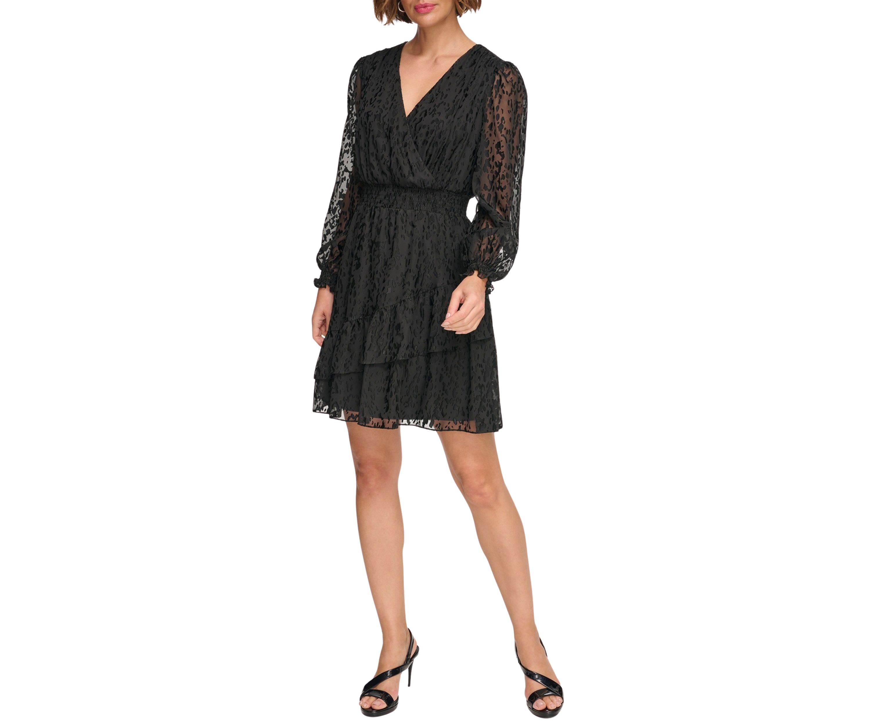 Womens Long Sleeve V-Neck Solid Fit and Flare Dress