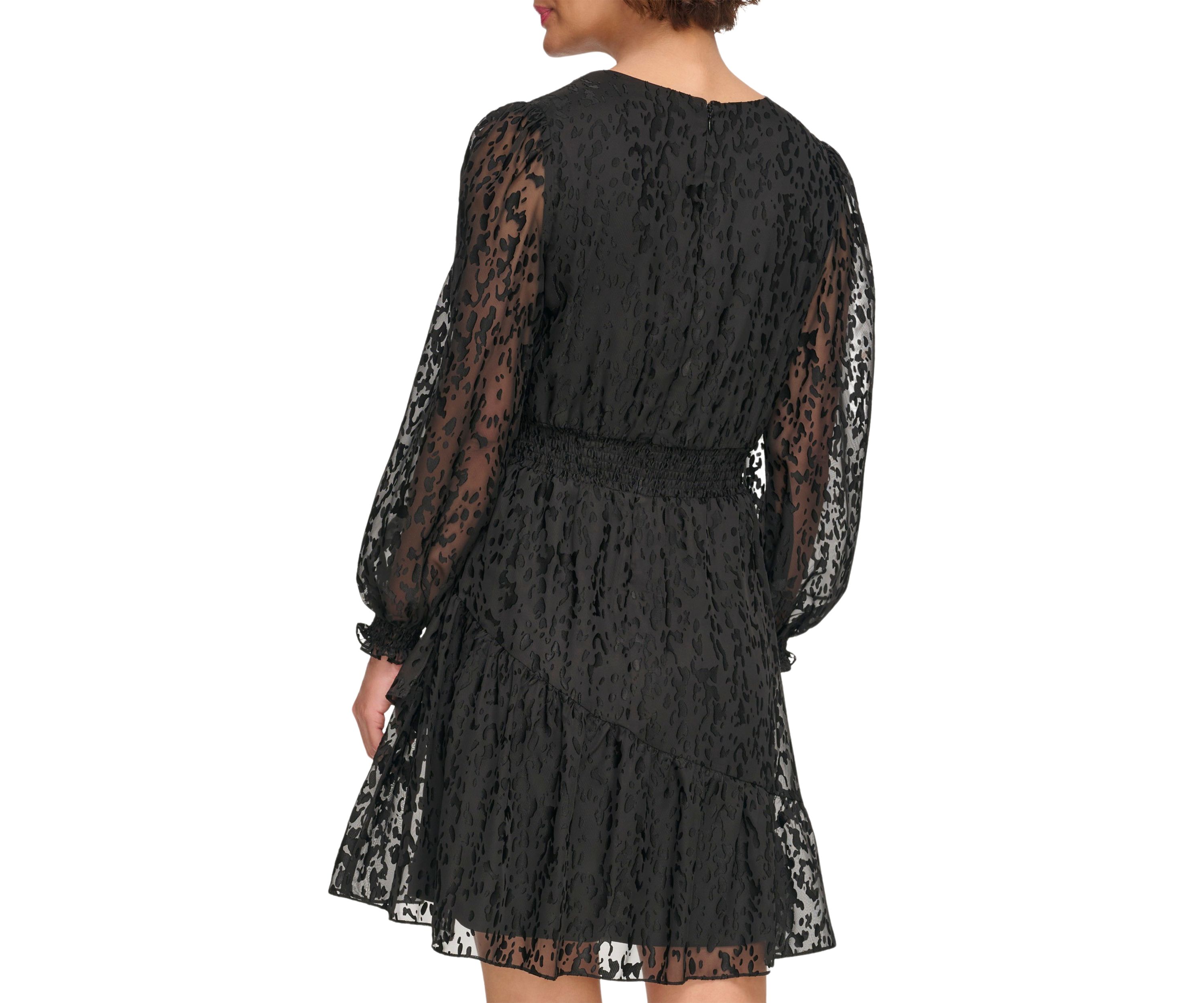 Womens Long Sleeve V-Neck Solid Fit and Flare Dress