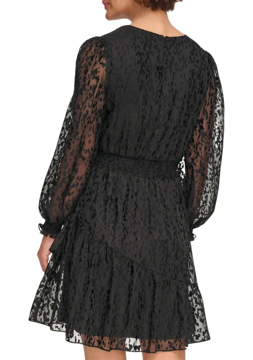 Womens Long Sleeve V-Neck Solid Fit and Flare Dress