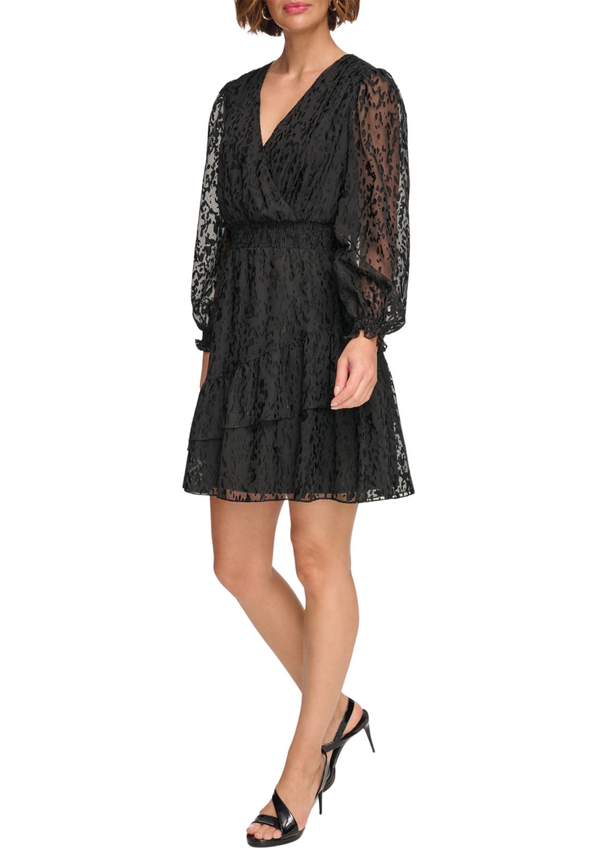 Womens Long Sleeve V-Neck Solid Fit and Flare Dress