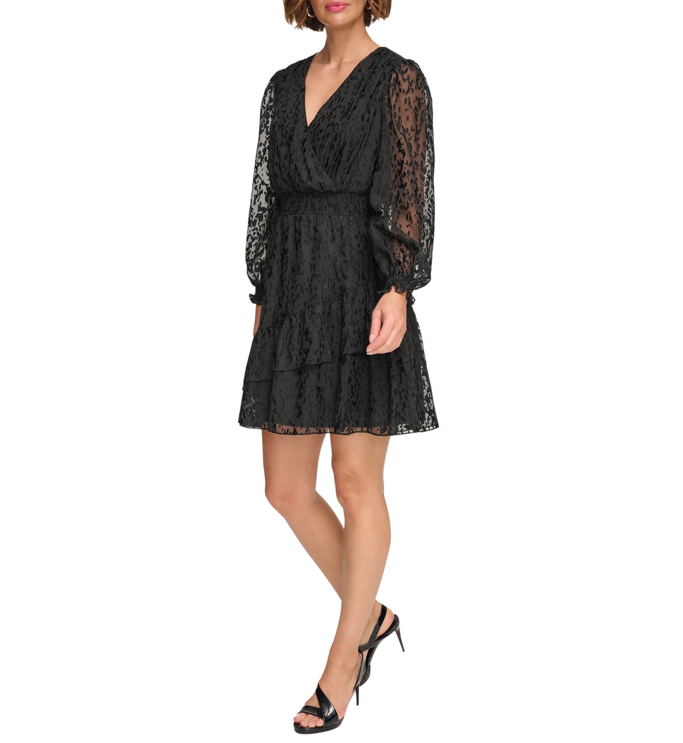 Womens Long Sleeve V-Neck Solid Fit and Flare Dress