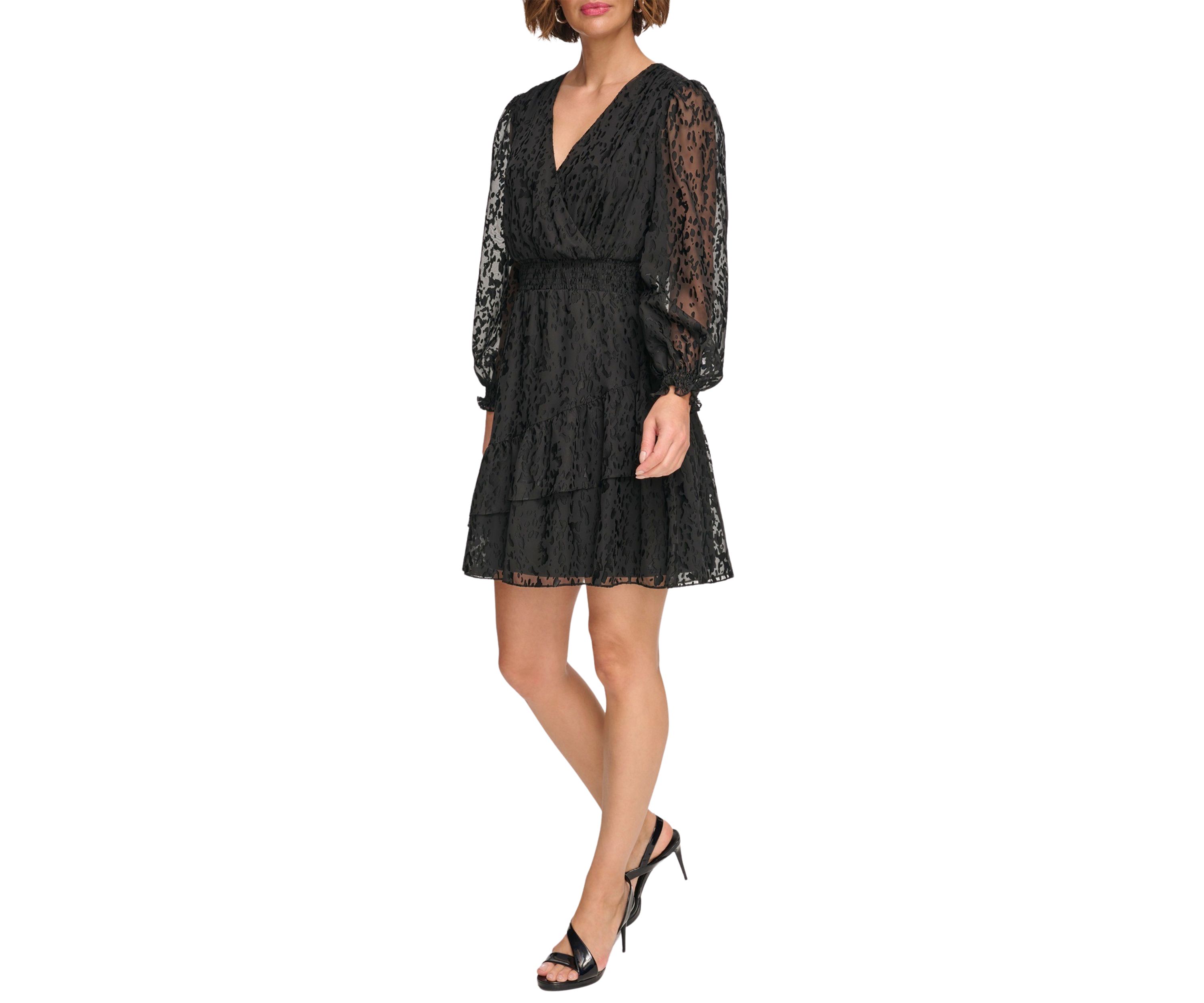 Womens Long Sleeve V-Neck Solid Fit and Flare Dress