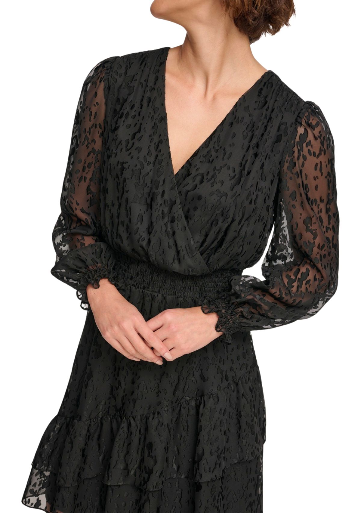 Womens Long Sleeve V-Neck Solid Fit and Flare Dress