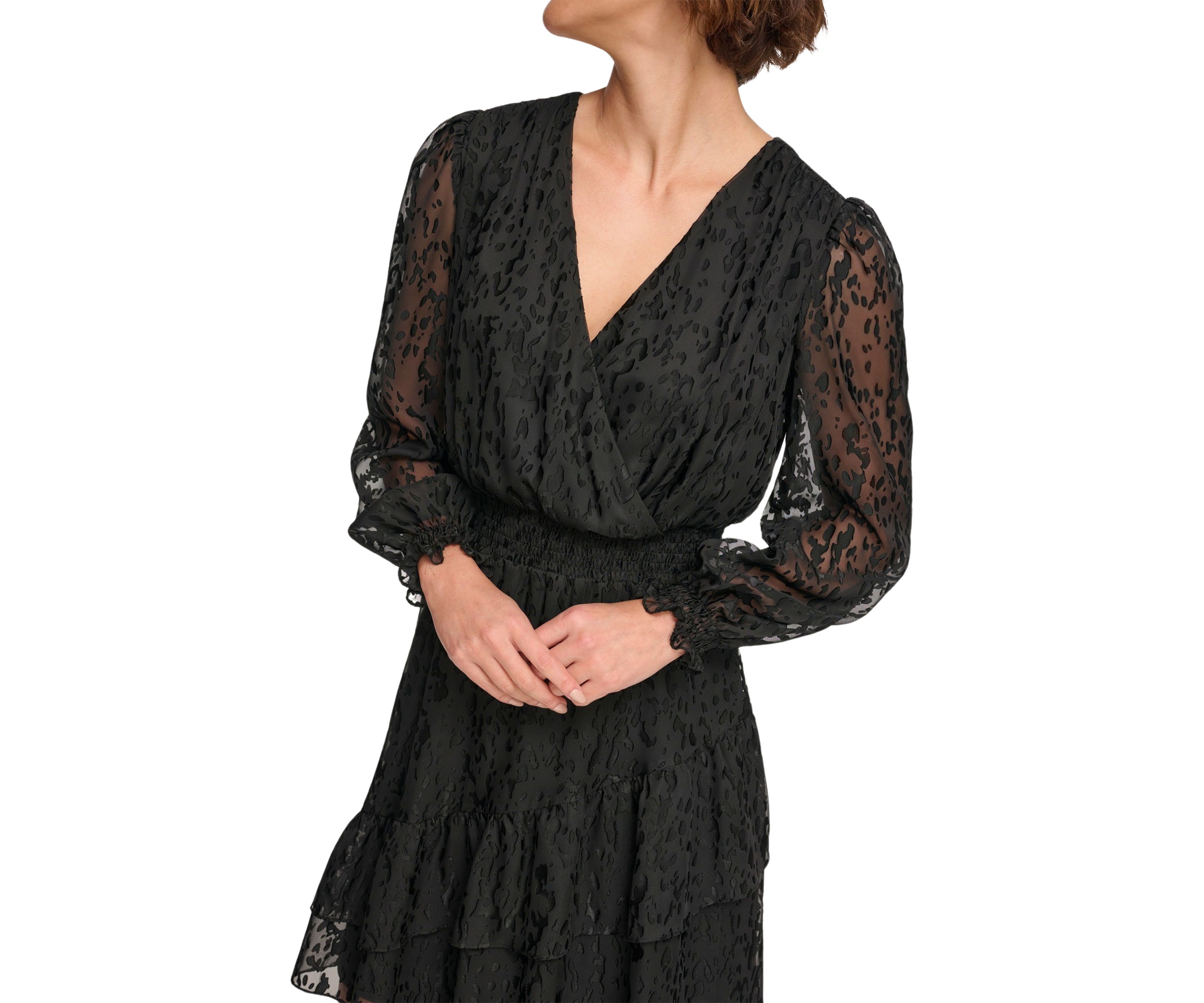 Womens Long Sleeve V-Neck Solid Fit and Flare Dress