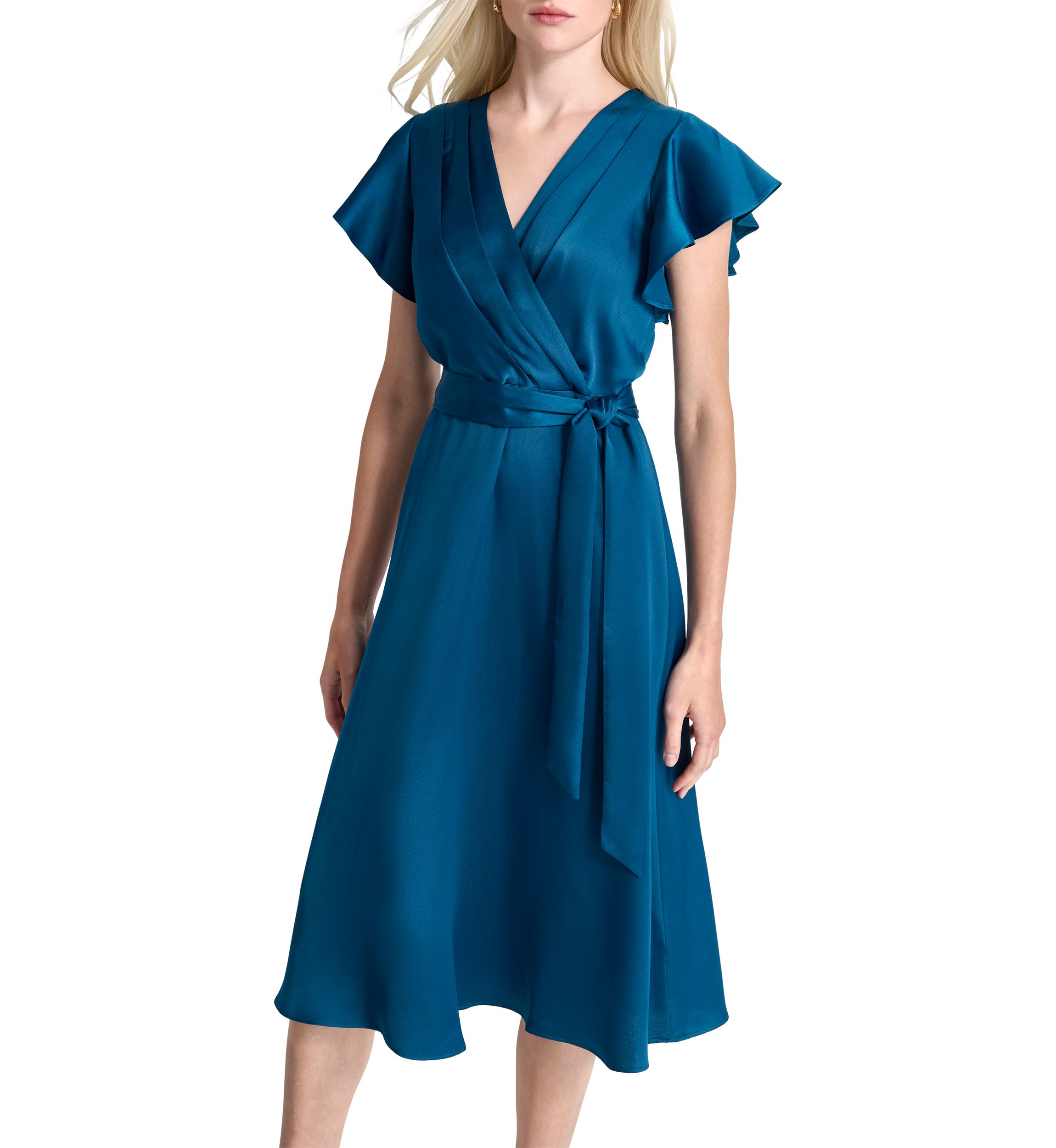 Womens Short Sleeve V-Neck Solid Wrap A-Line Dress