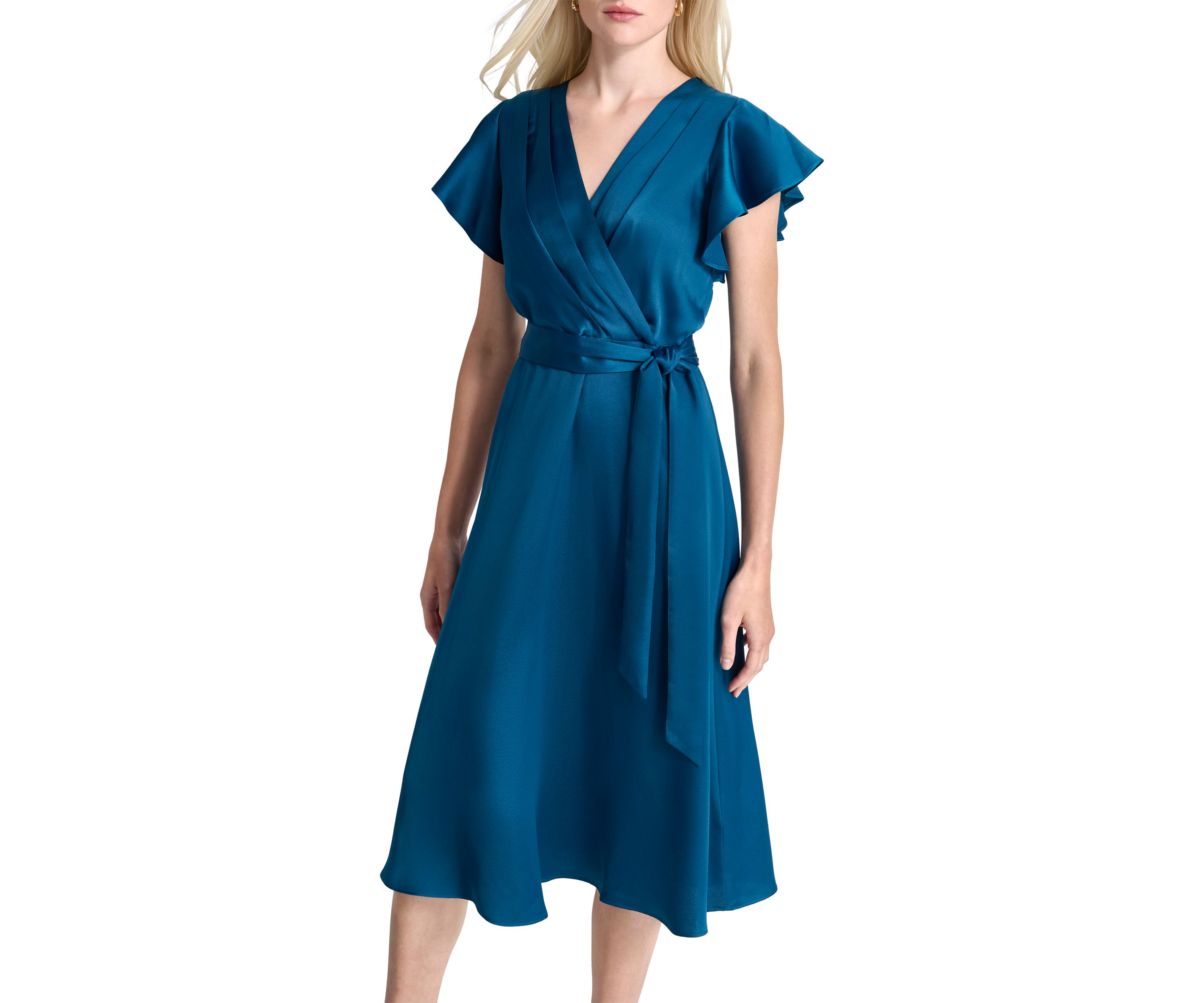 Womens Short Sleeve V-Neck Solid Wrap A-Line Dress