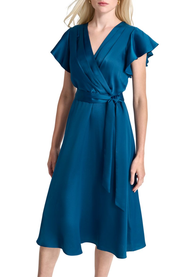 Womens Short Sleeve V-Neck Solid Wrap A-Line Dress