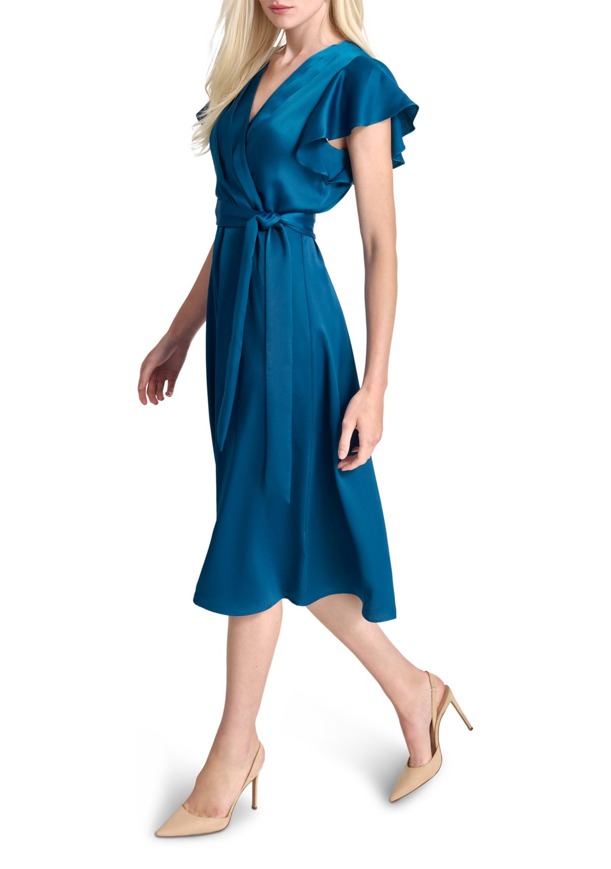 Womens Short Sleeve V-Neck Solid Wrap A-Line Dress