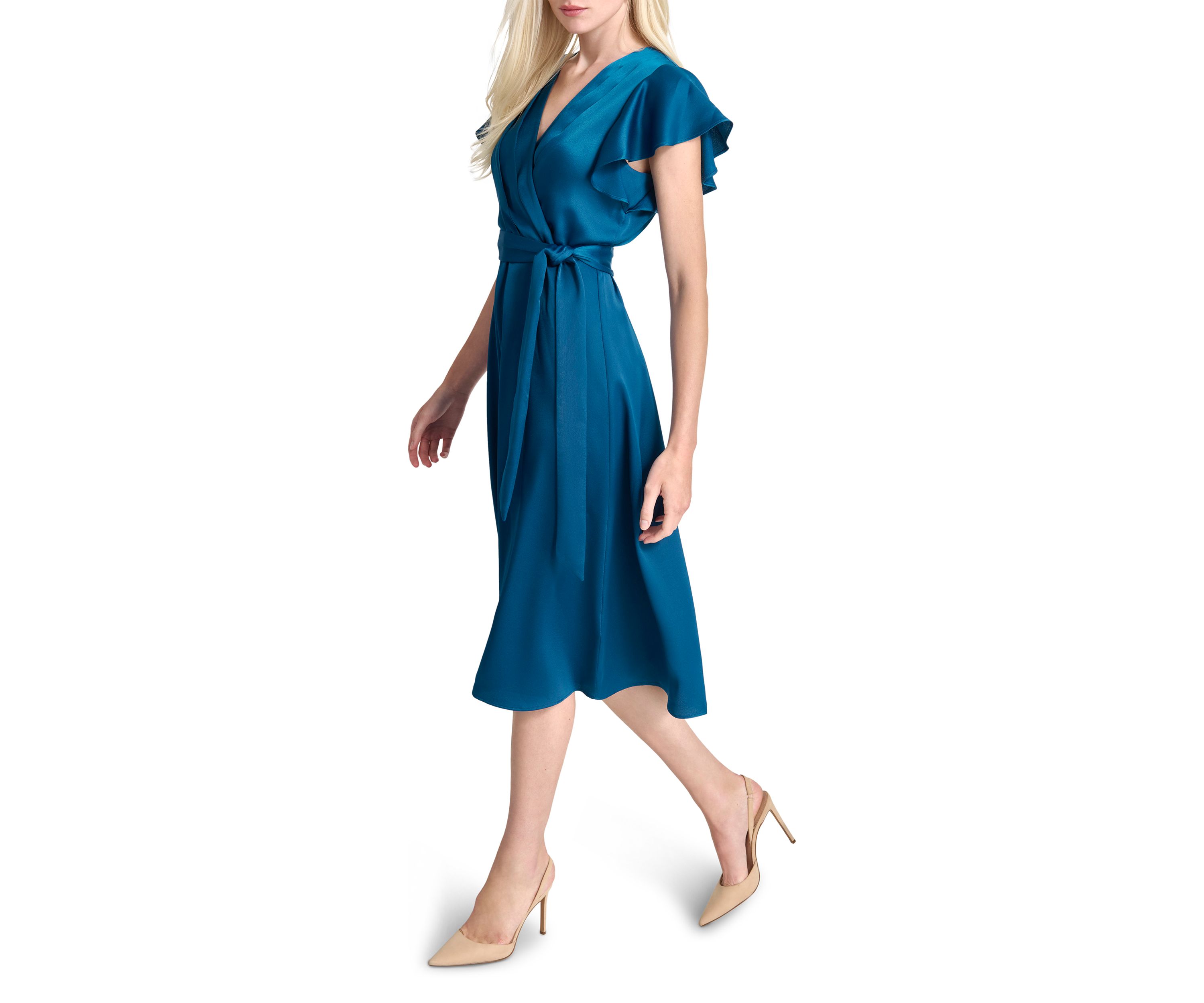 Womens Short Sleeve V-Neck Solid Wrap A-Line Dress
