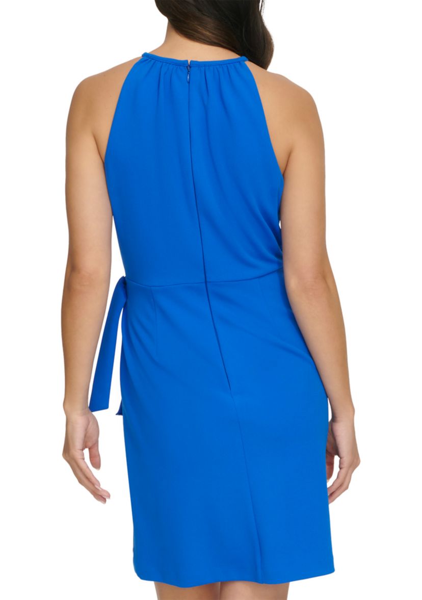 Womens Sleeveless Solid Crepe Halter Fit and Flare Dress