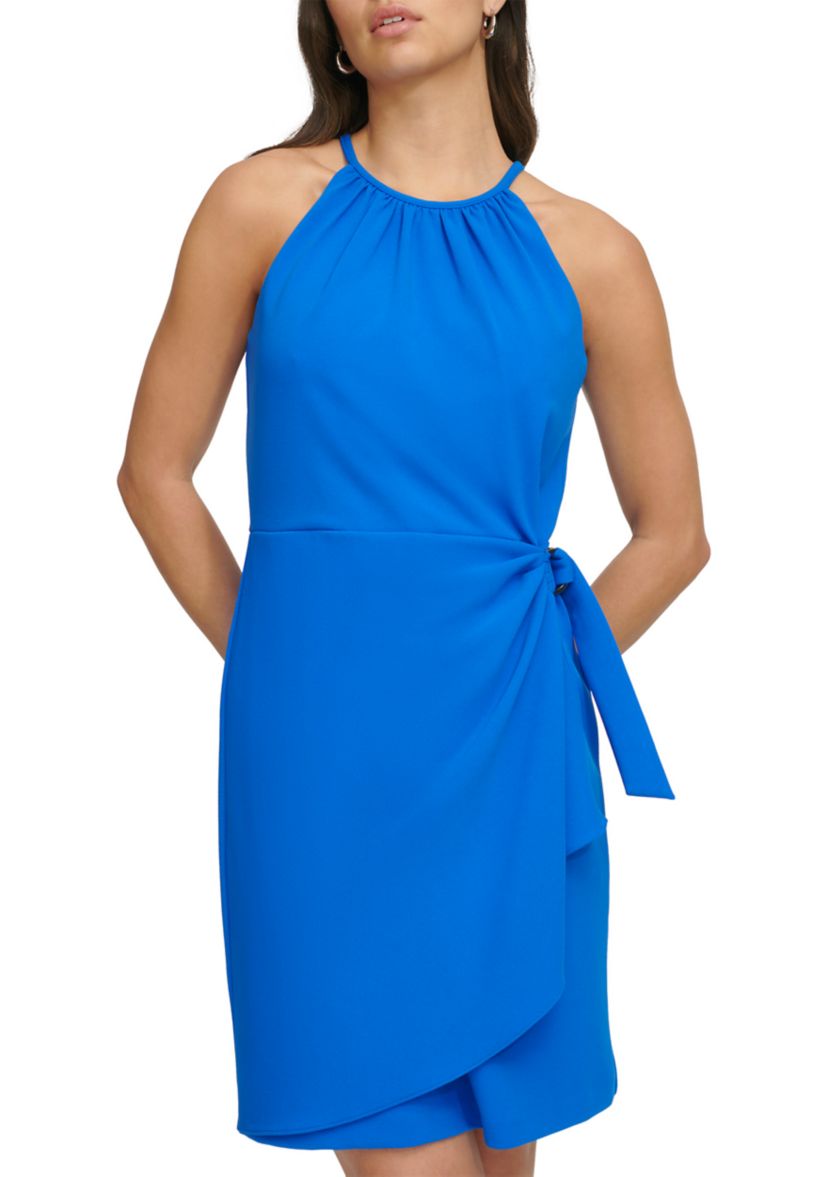 Womens Sleeveless Solid Crepe Halter Fit and Flare Dress