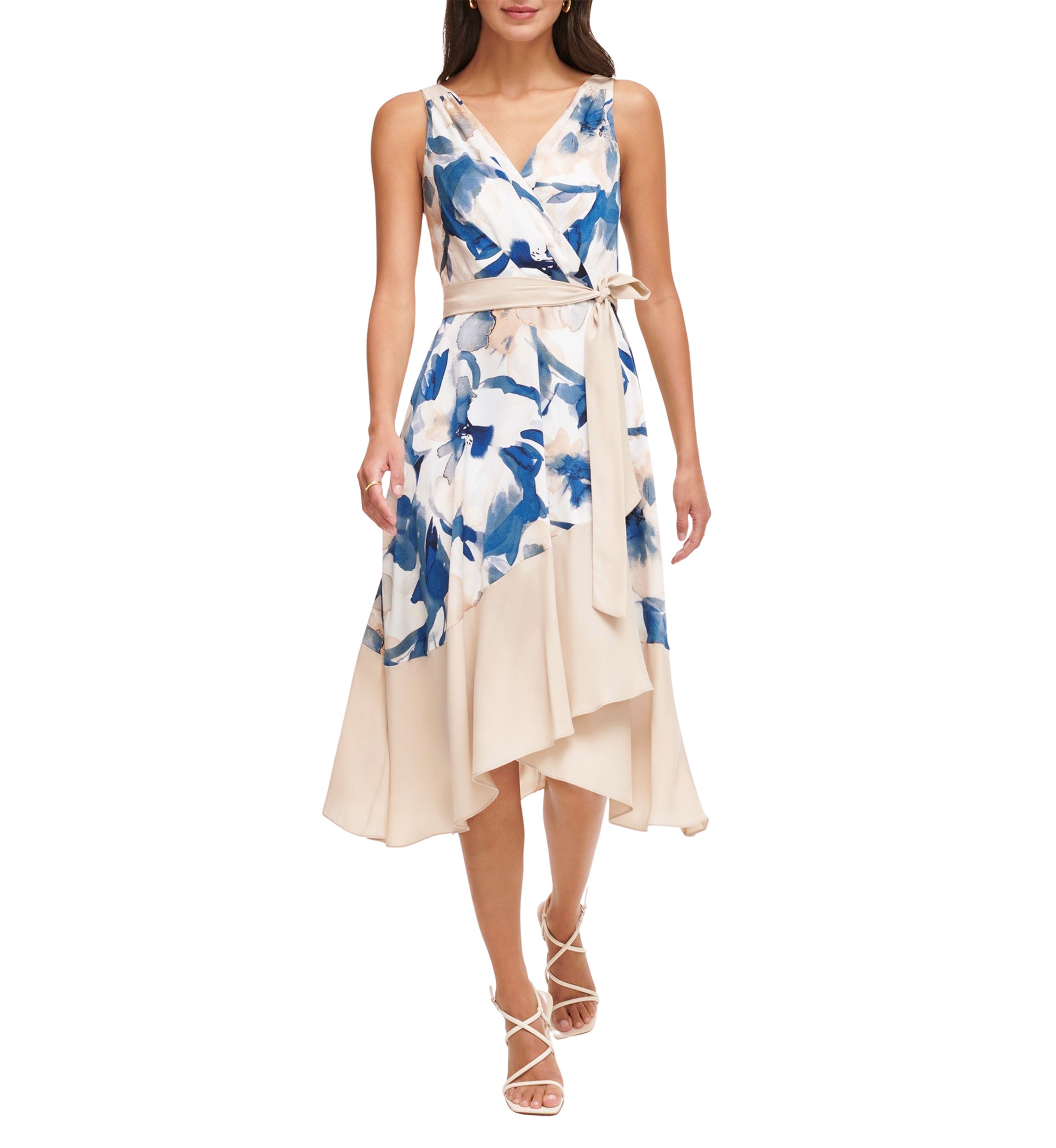 Womens Sleeveless V-Neck Floral Print Tie Waist Ruffle Trim Fit and Flare Dress