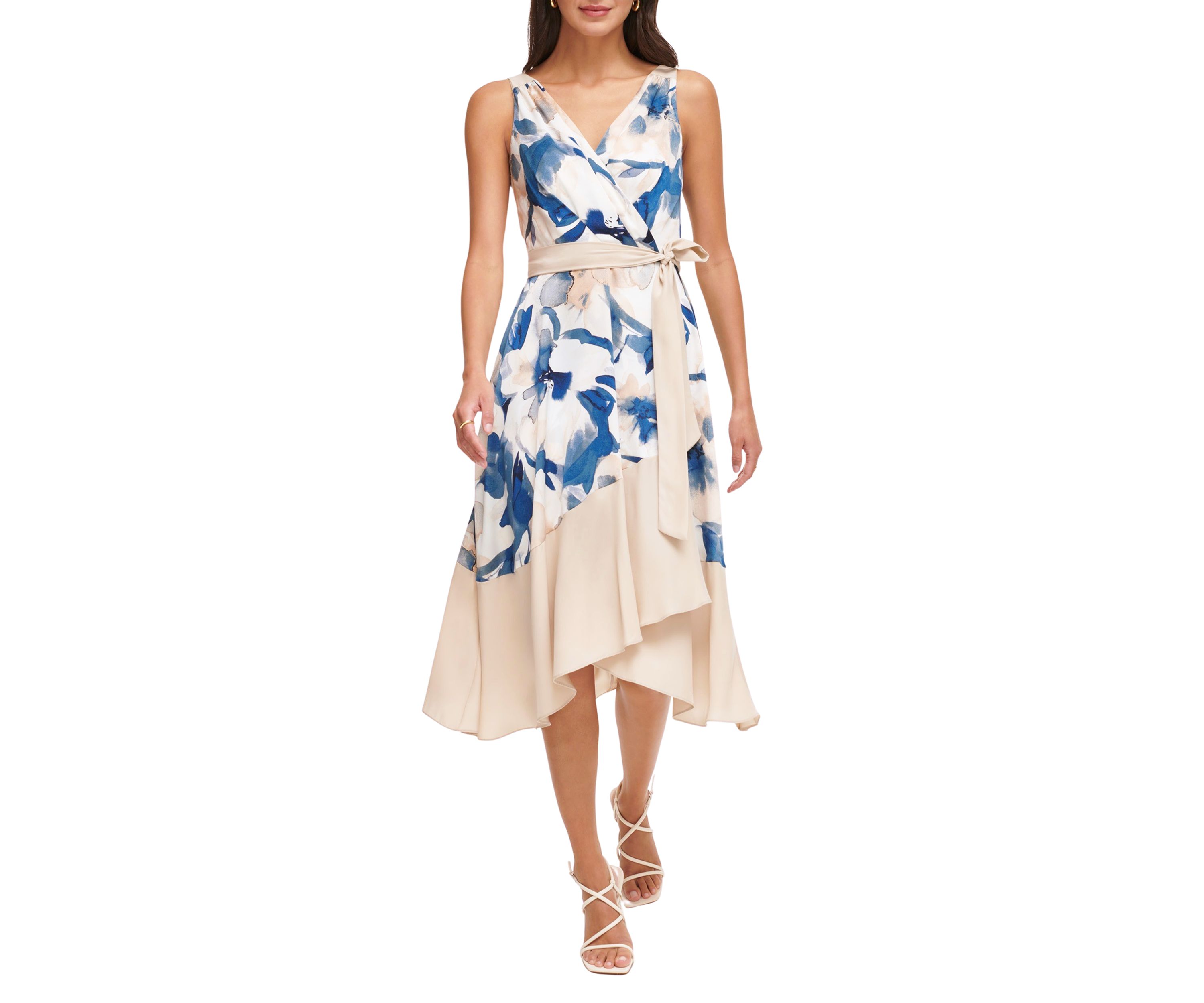 Womens Sleeveless V-Neck Floral Print Tie Waist Ruffle Trim Fit and Flare Dress