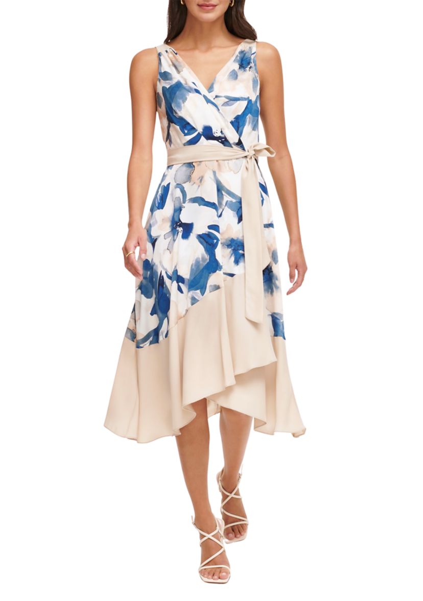 Womens Sleeveless V-Neck Floral Print Tie Waist Ruffle Trim Fit and Flare Dress