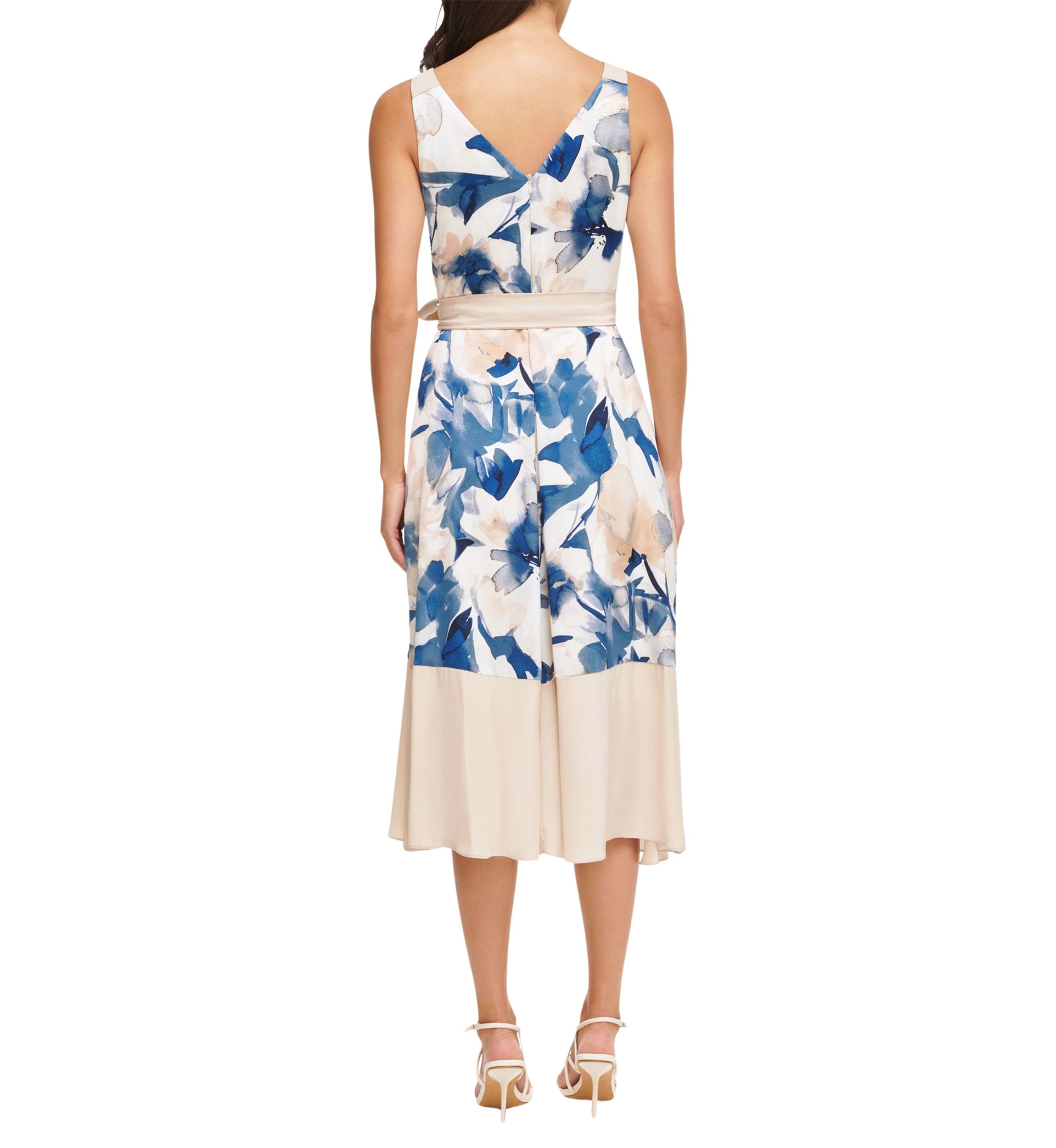 Womens Sleeveless V-Neck Floral Print Tie Waist Ruffle Trim Fit and Flare Dress
