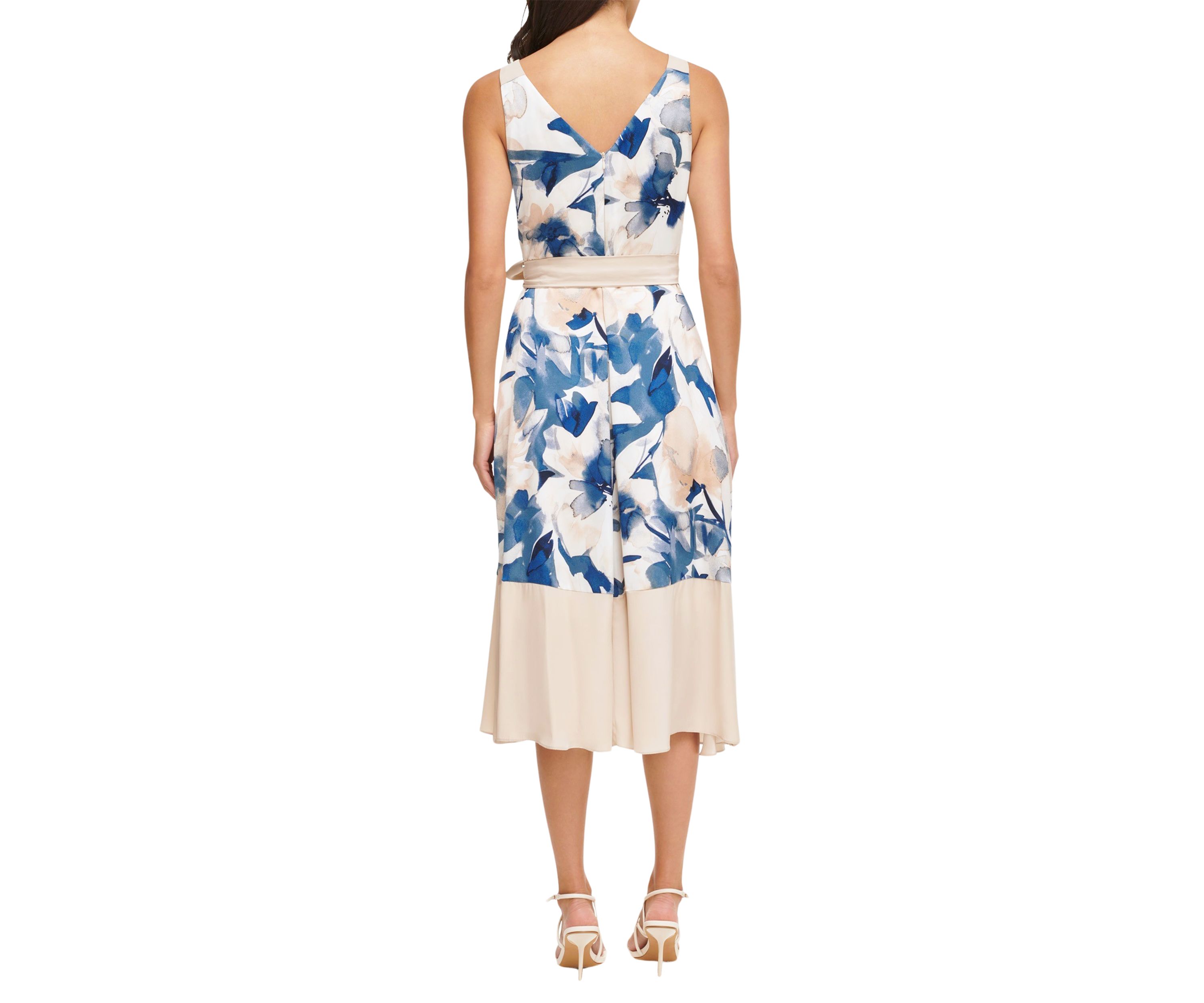 Womens Sleeveless V-Neck Floral Print Tie Waist Ruffle Trim Fit and Flare Dress