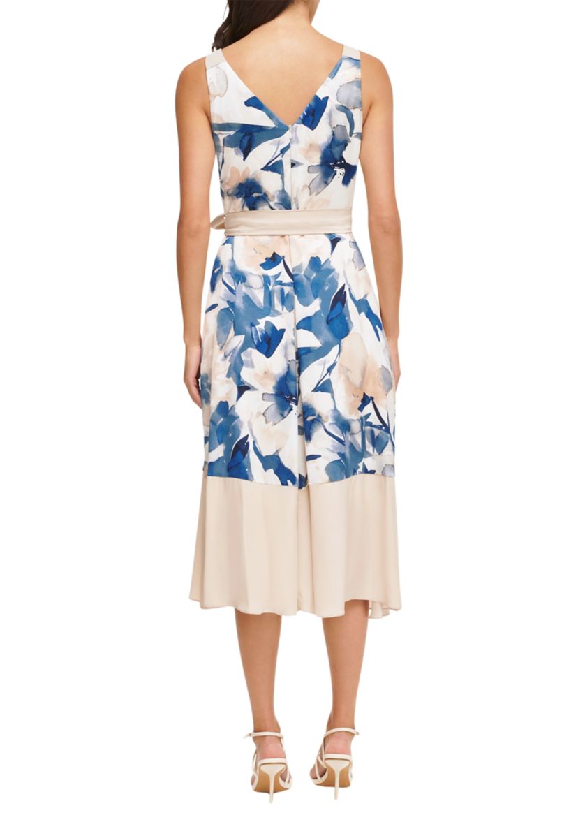 Womens Sleeveless V-Neck Floral Print Tie Waist Ruffle Trim Fit and Flare Dress