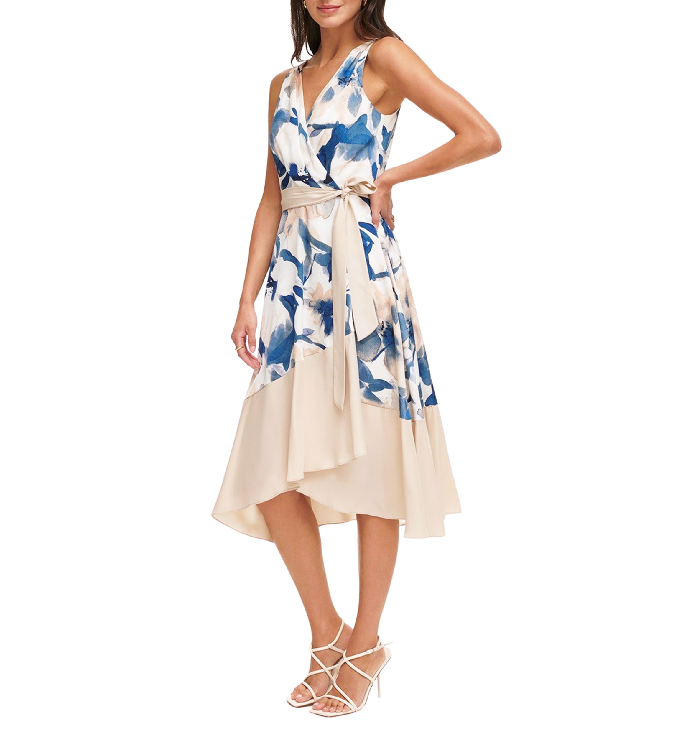 Womens Sleeveless V-Neck Floral Print Tie Waist Ruffle Trim Fit and Flare Dress