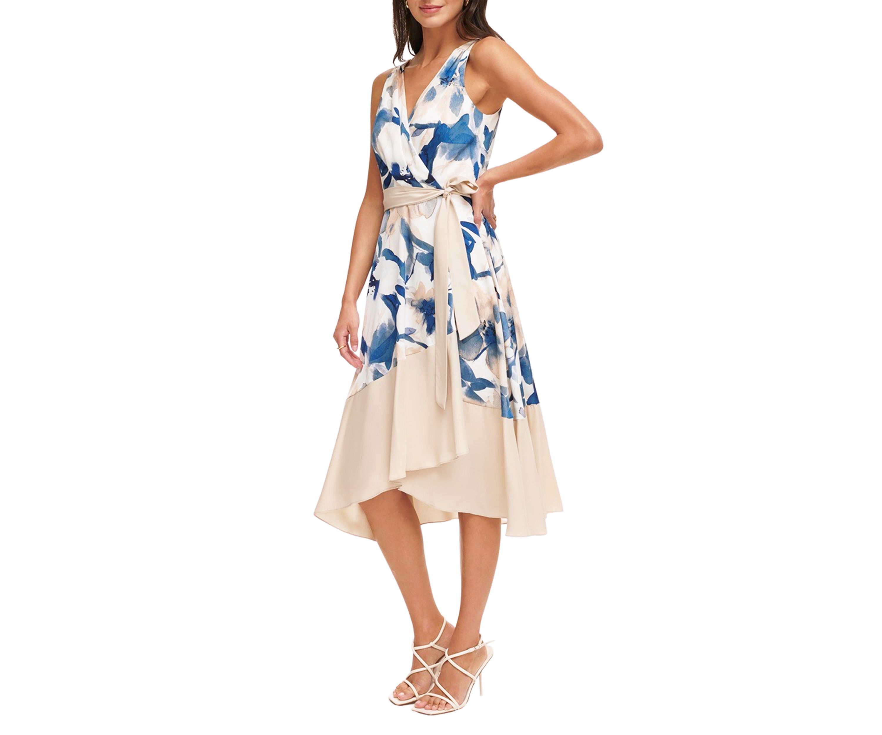 Womens Sleeveless V-Neck Floral Print Tie Waist Ruffle Trim Fit and Flare Dress