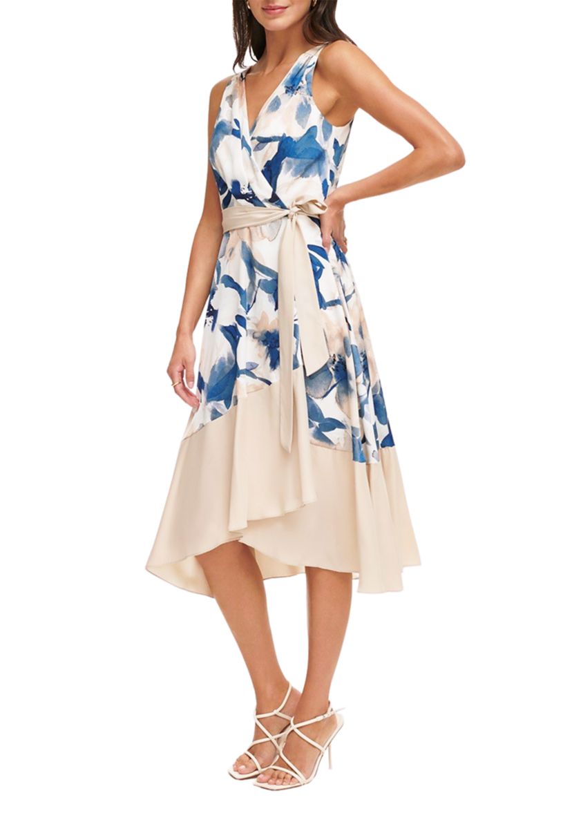 Womens Sleeveless V-Neck Floral Print Tie Waist Ruffle Trim Fit and Flare Dress