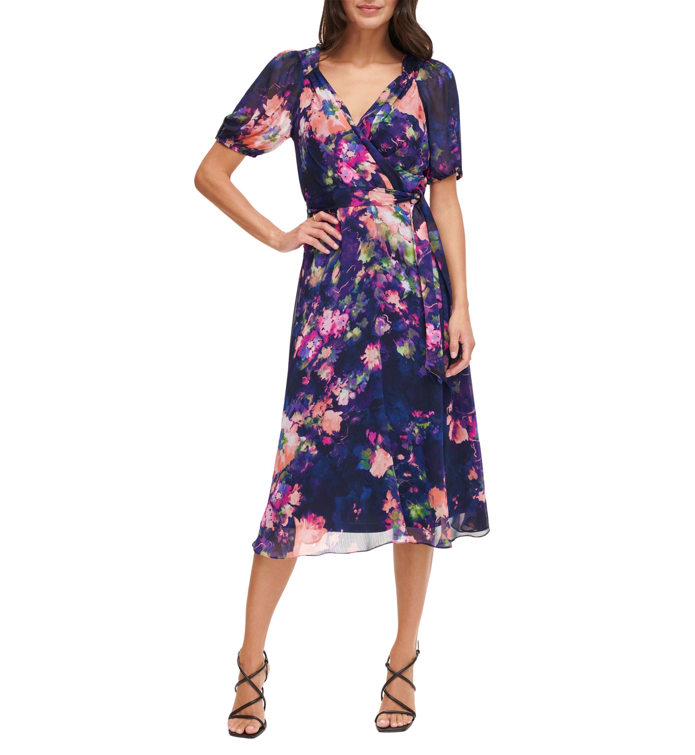 DKNY Women's Short Sleeve V-Neck Tie Waist Floral Chiffon Fit and Flare  Dress | Belk