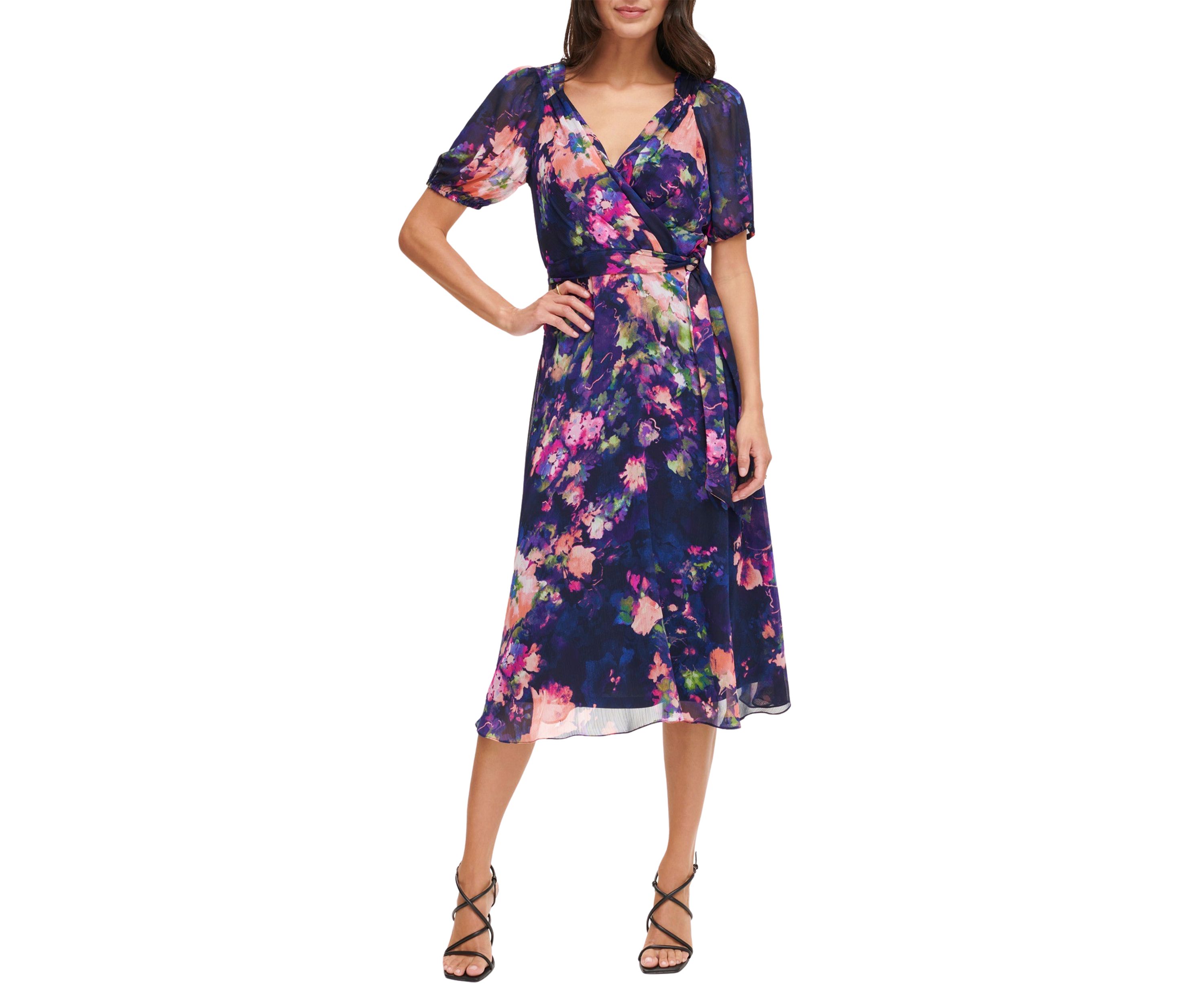 Womens Short Sleeve V-Neck Tie Waist Floral Chiffon Fit and Flare Dress