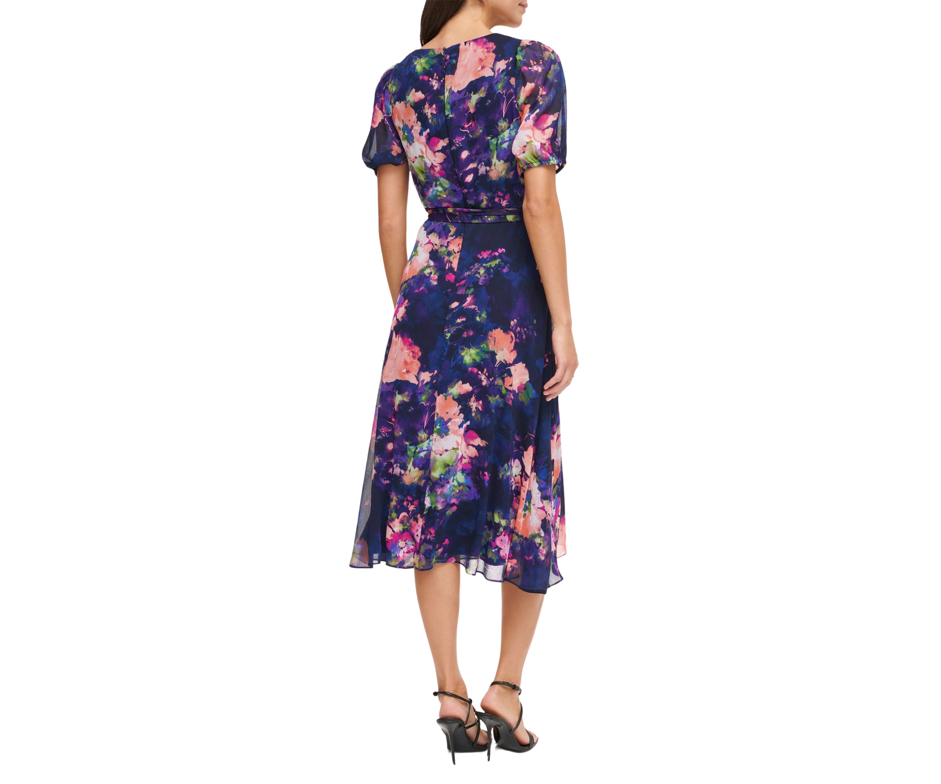 Womens Short Sleeve V-Neck Tie Waist Floral Chiffon Fit and Flare Dress