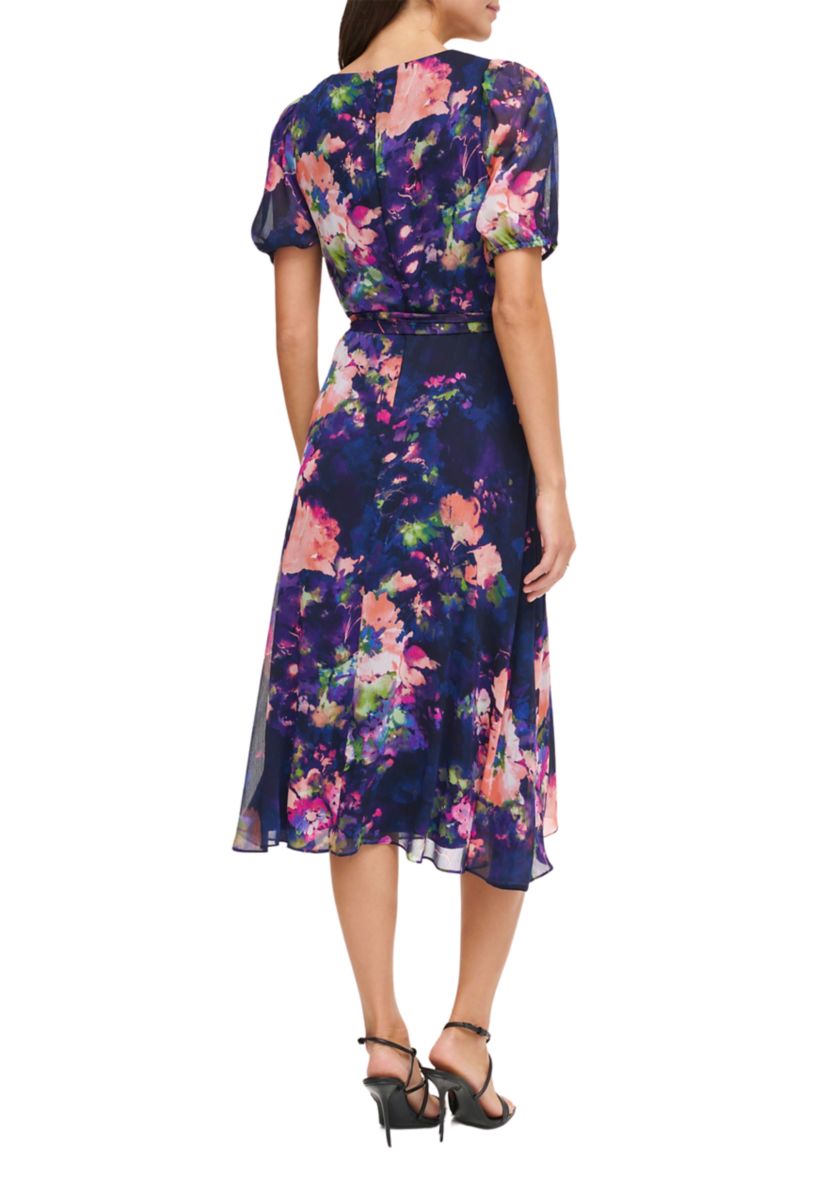 Womens Short Sleeve V-Neck Tie Waist Floral Chiffon Fit and Flare Dress
