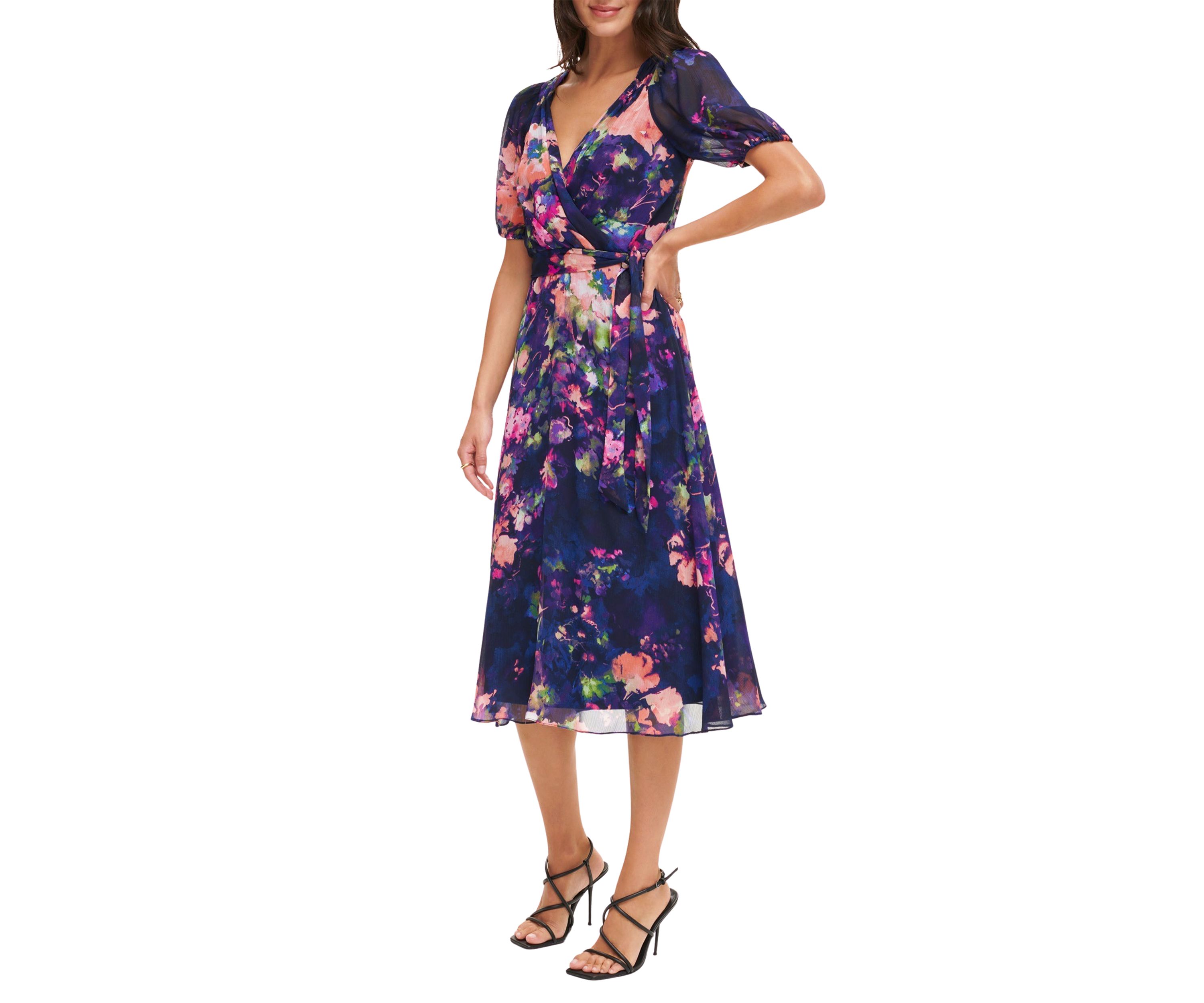 Womens Short Sleeve V-Neck Tie Waist Floral Chiffon Fit and Flare Dress