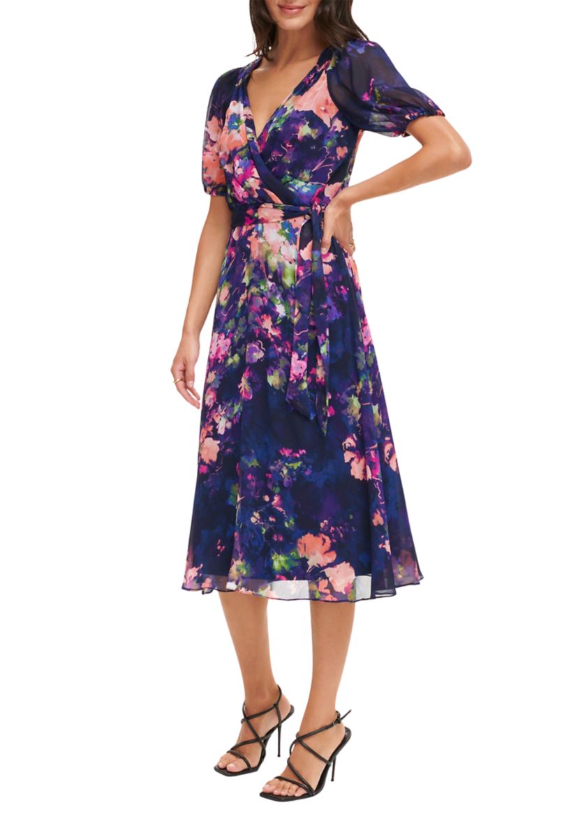 Womens Short Sleeve V-Neck Tie Waist Floral Chiffon Fit and Flare Dress
