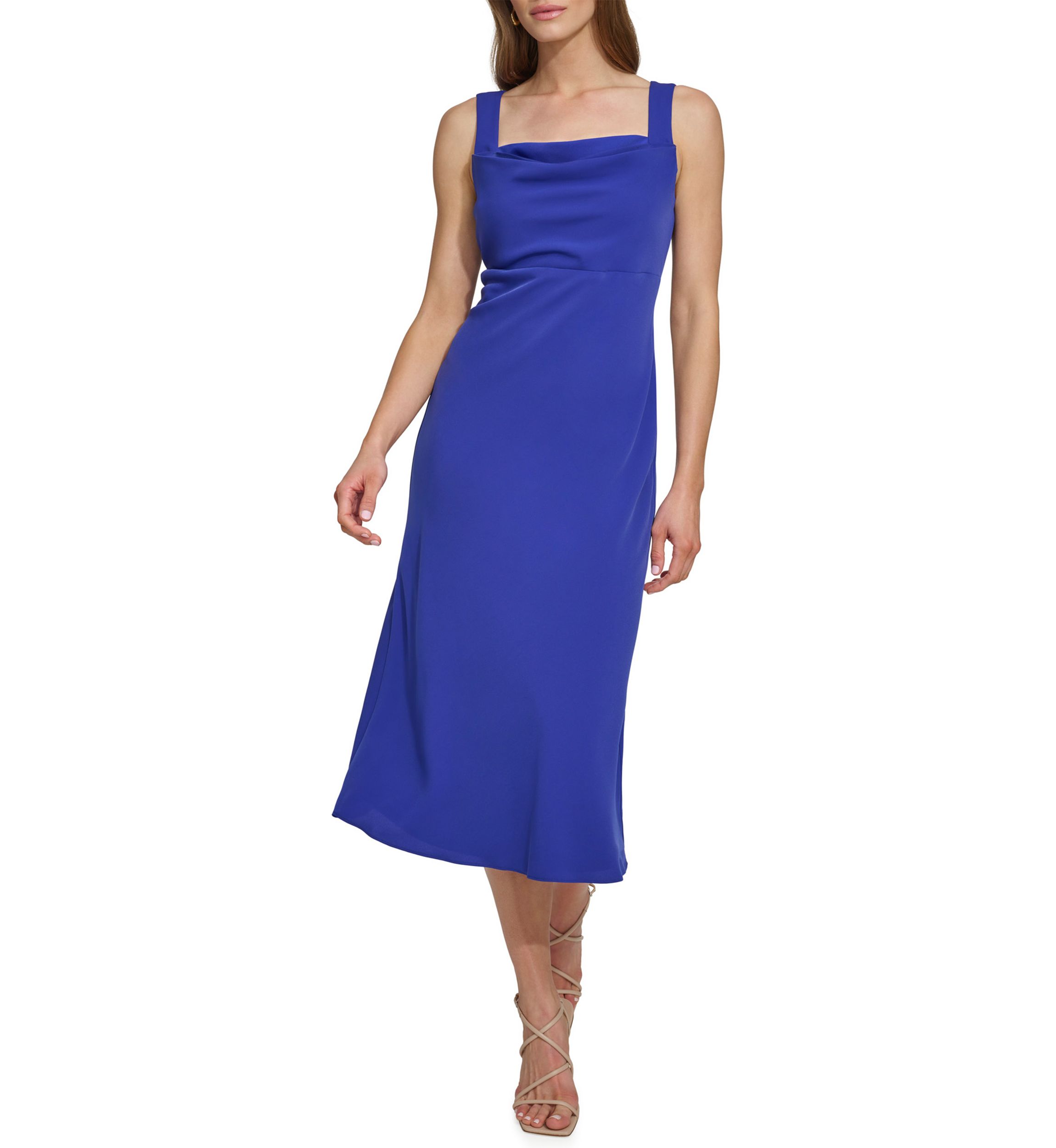 Womens Sleeveless Square Neck Solid Crepe A-Line Dress