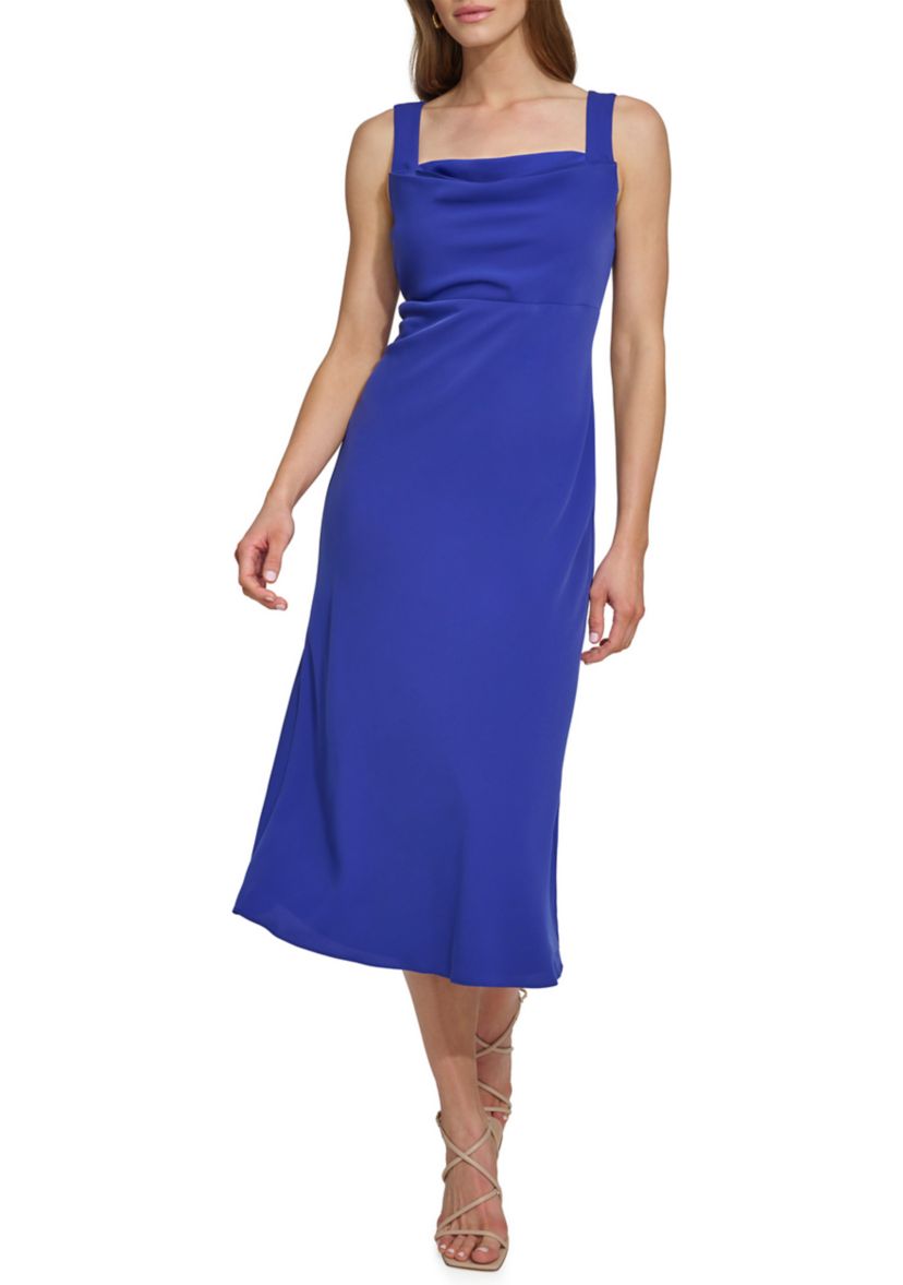 Womens Sleeveless Square Neck Solid Crepe A-Line Dress