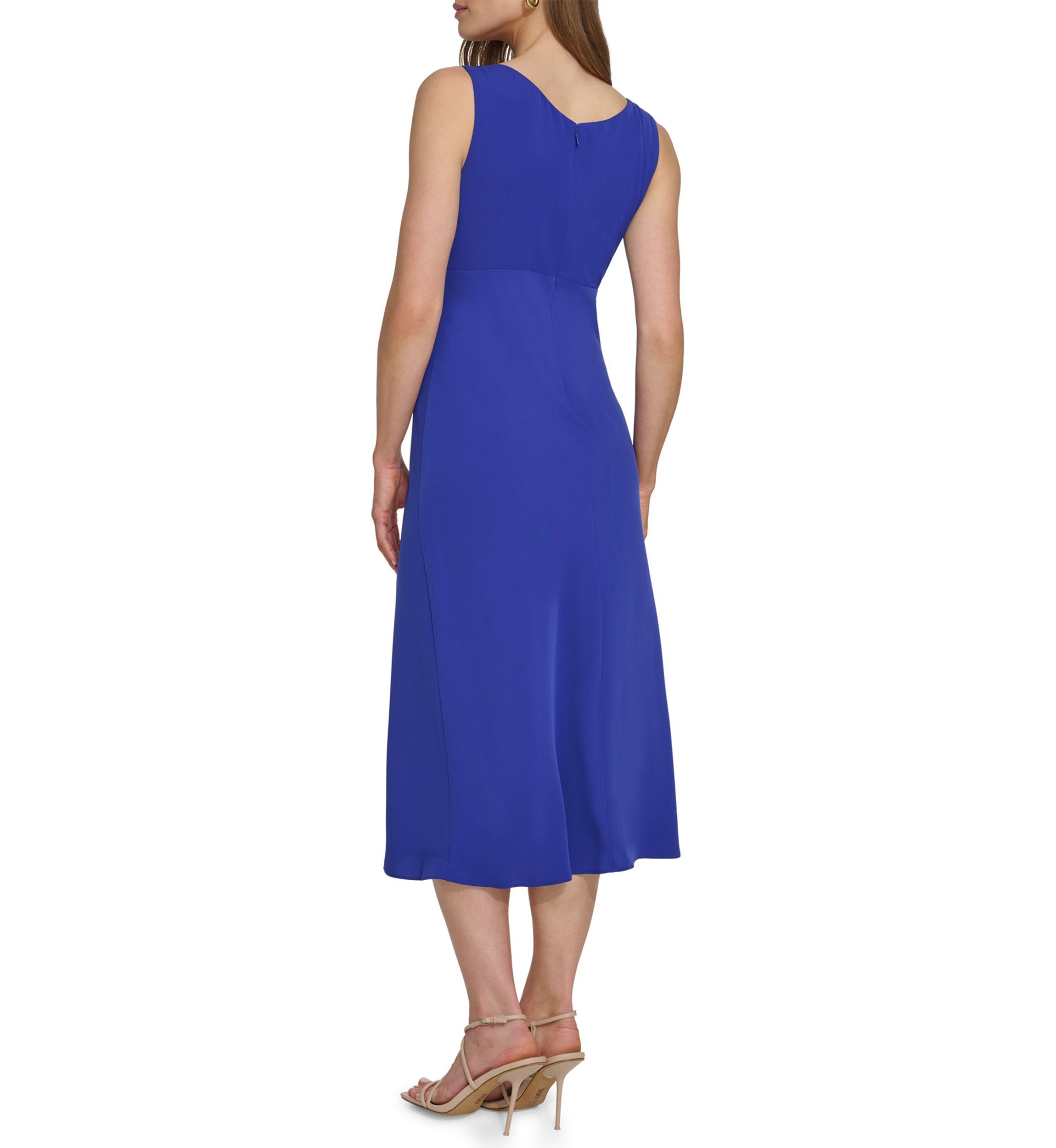 Womens Sleeveless Square Neck Solid Crepe A-Line Dress